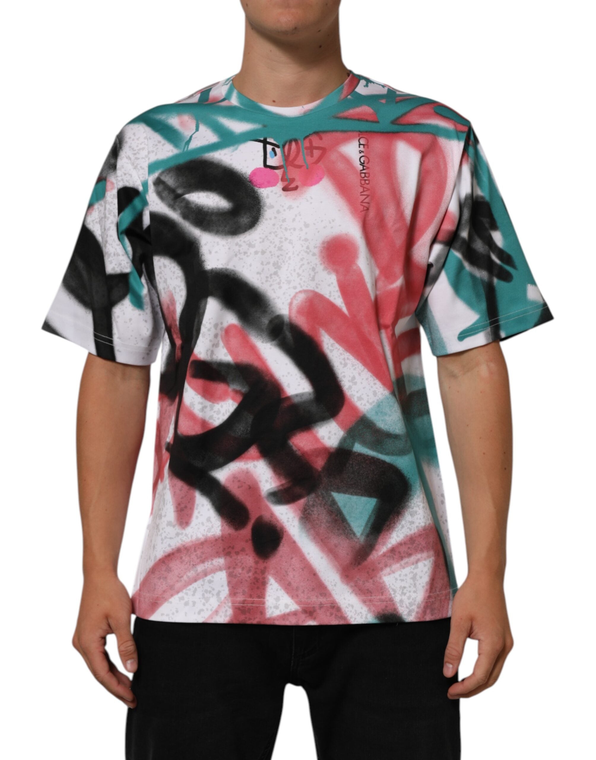 Dolce & Gabbana White Graffiti T-Shirt with Round Neck and Short Sleeves-2