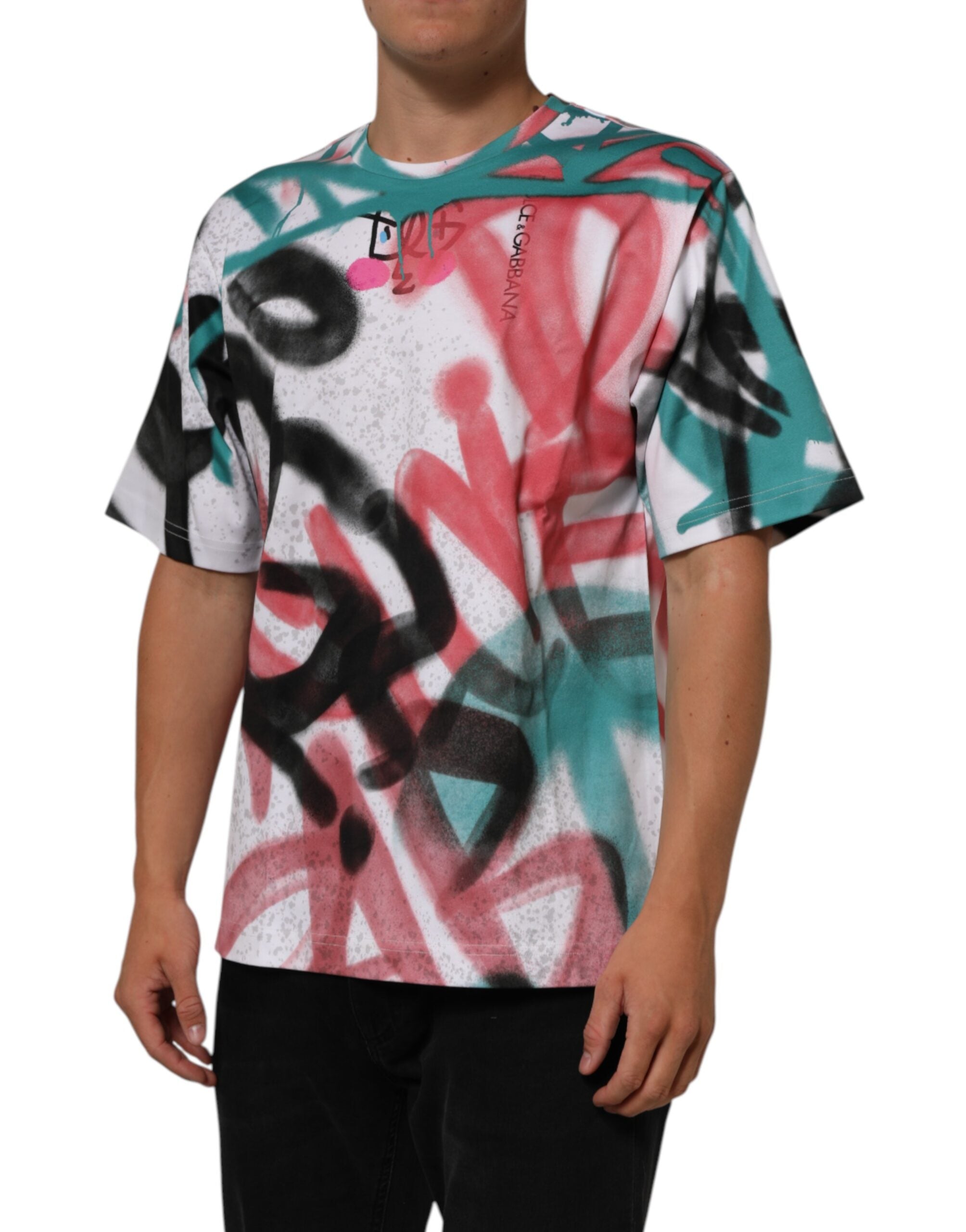 Dolce & Gabbana White Graffiti T-Shirt with Round Neck and Short Sleeves-3