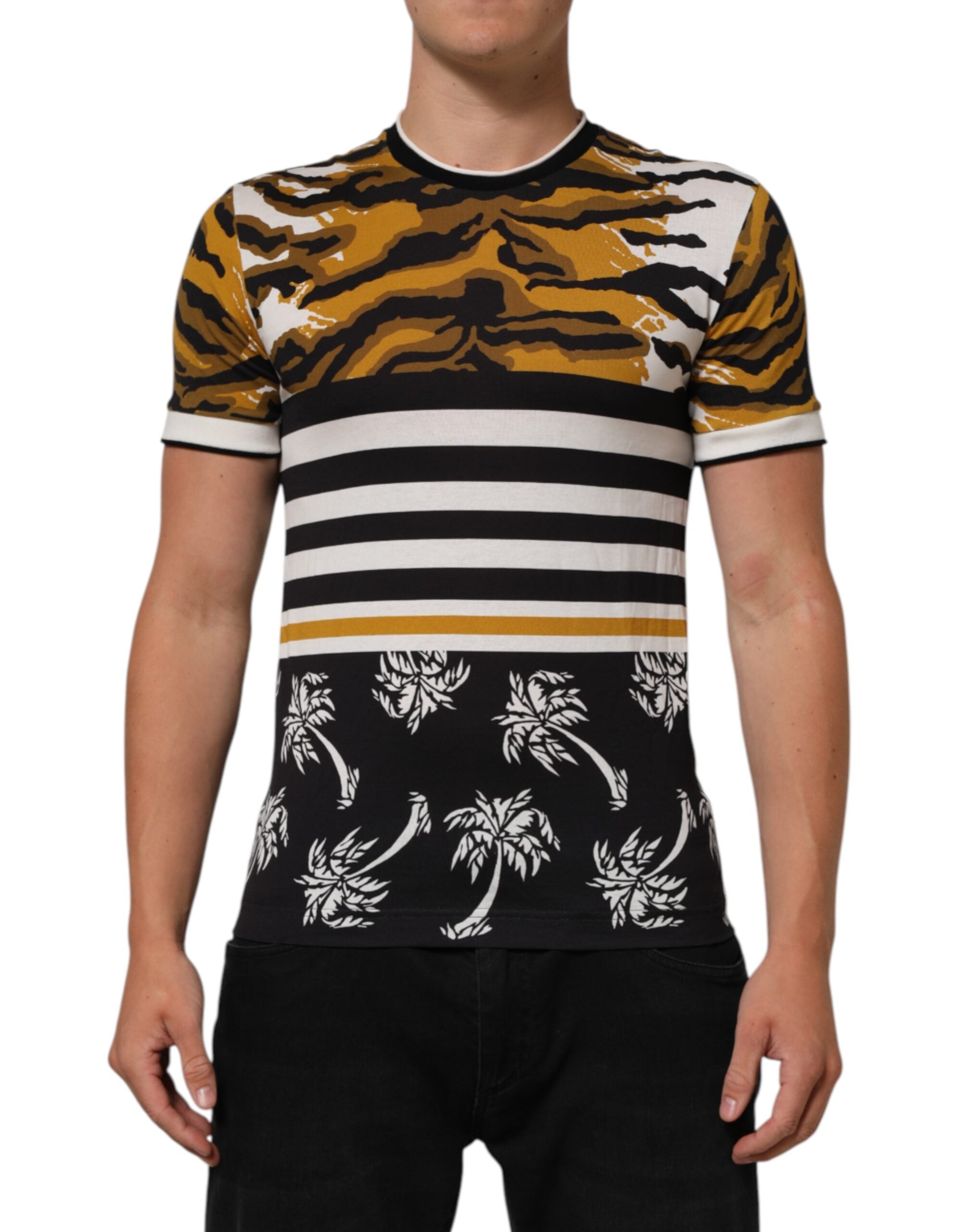 Camiseta de cuello redondo para hombre Dolce & Gabbana con estampado de hojas de palma y leopardo multicolor-1