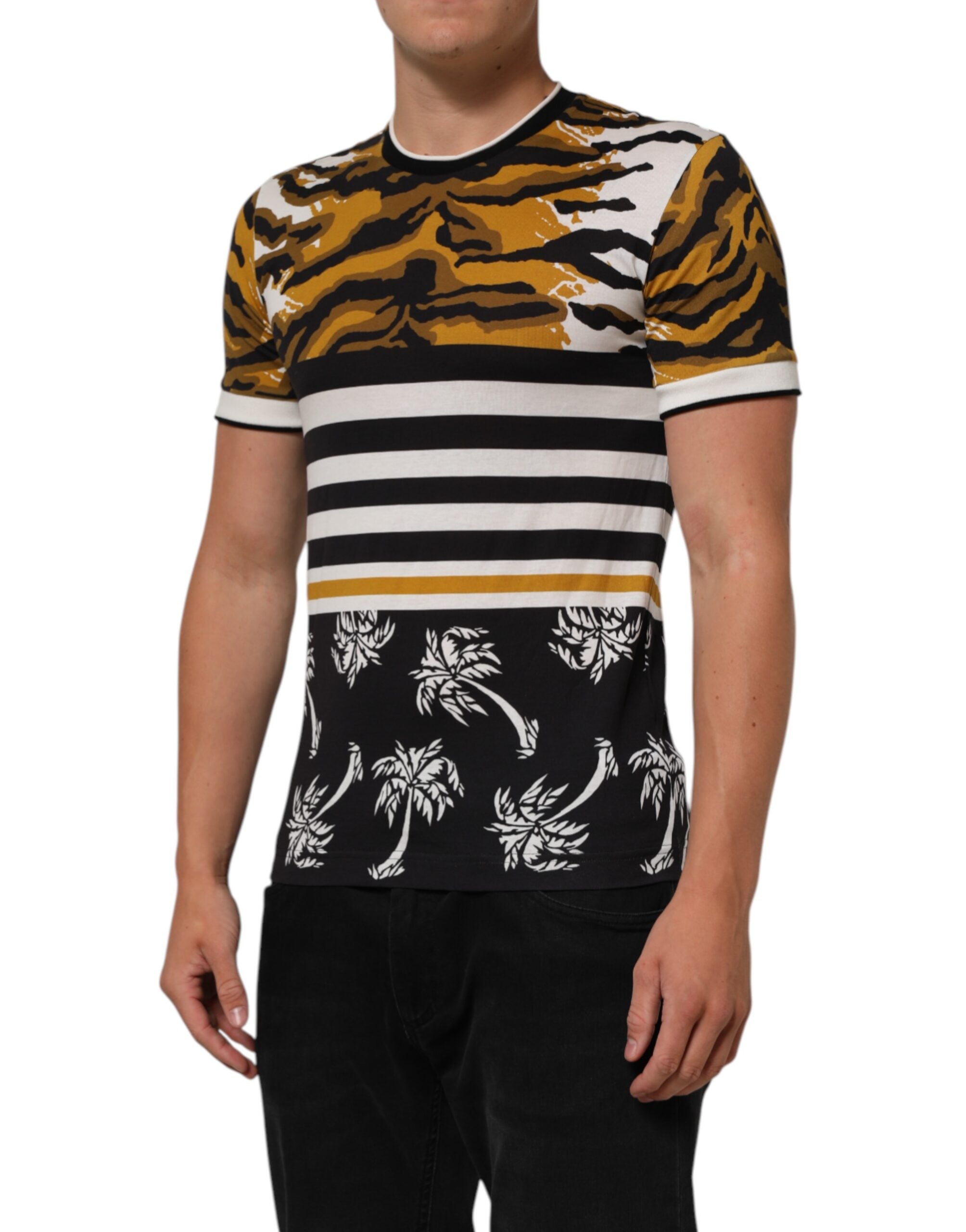 Camiseta de cuello redondo para hombre Dolce & Gabbana con estampado de hojas de palma y leopardo multicolor-3