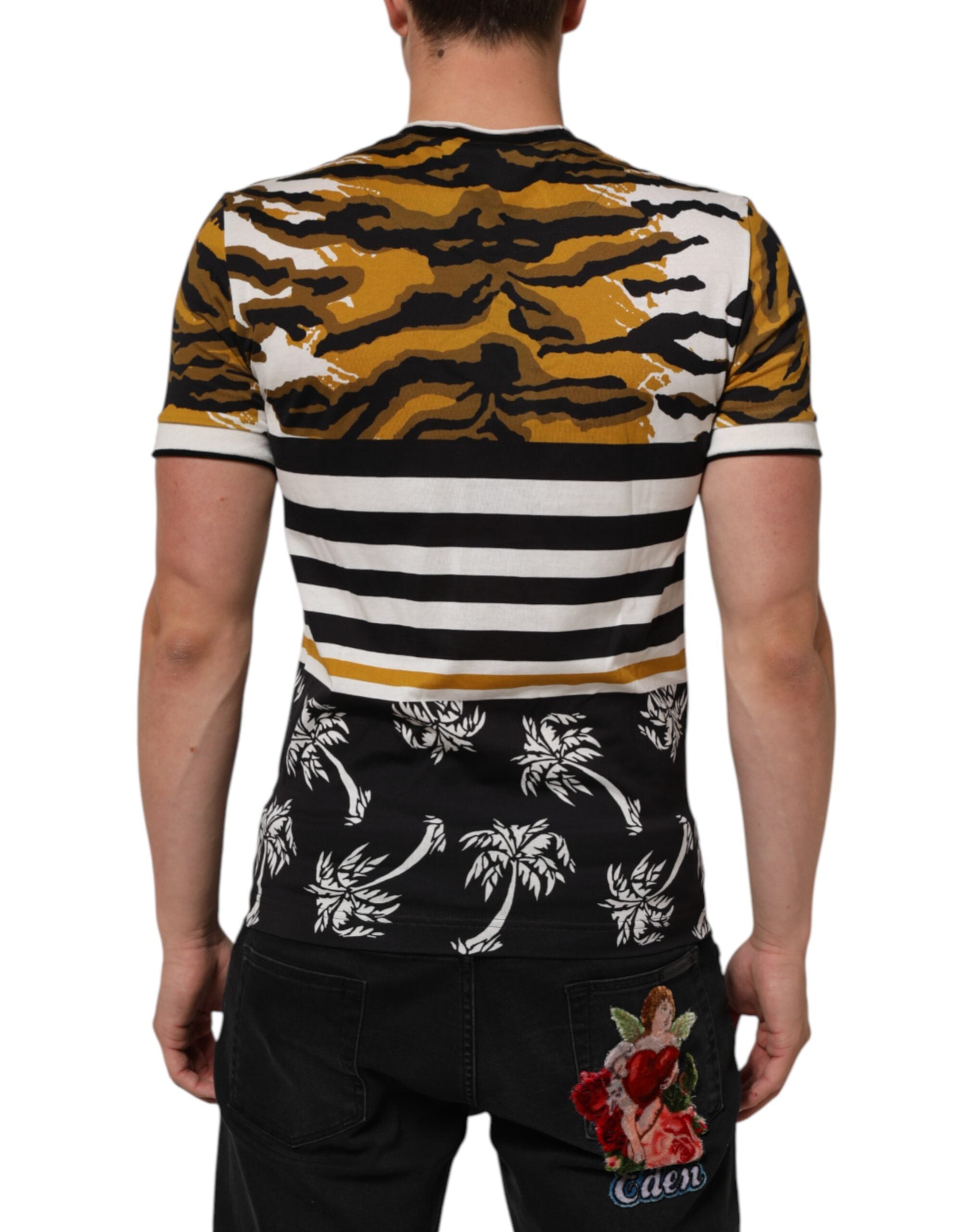 Camiseta de cuello redondo para hombre Dolce & Gabbana con estampado de hojas de palma y leopardo multicolor-4