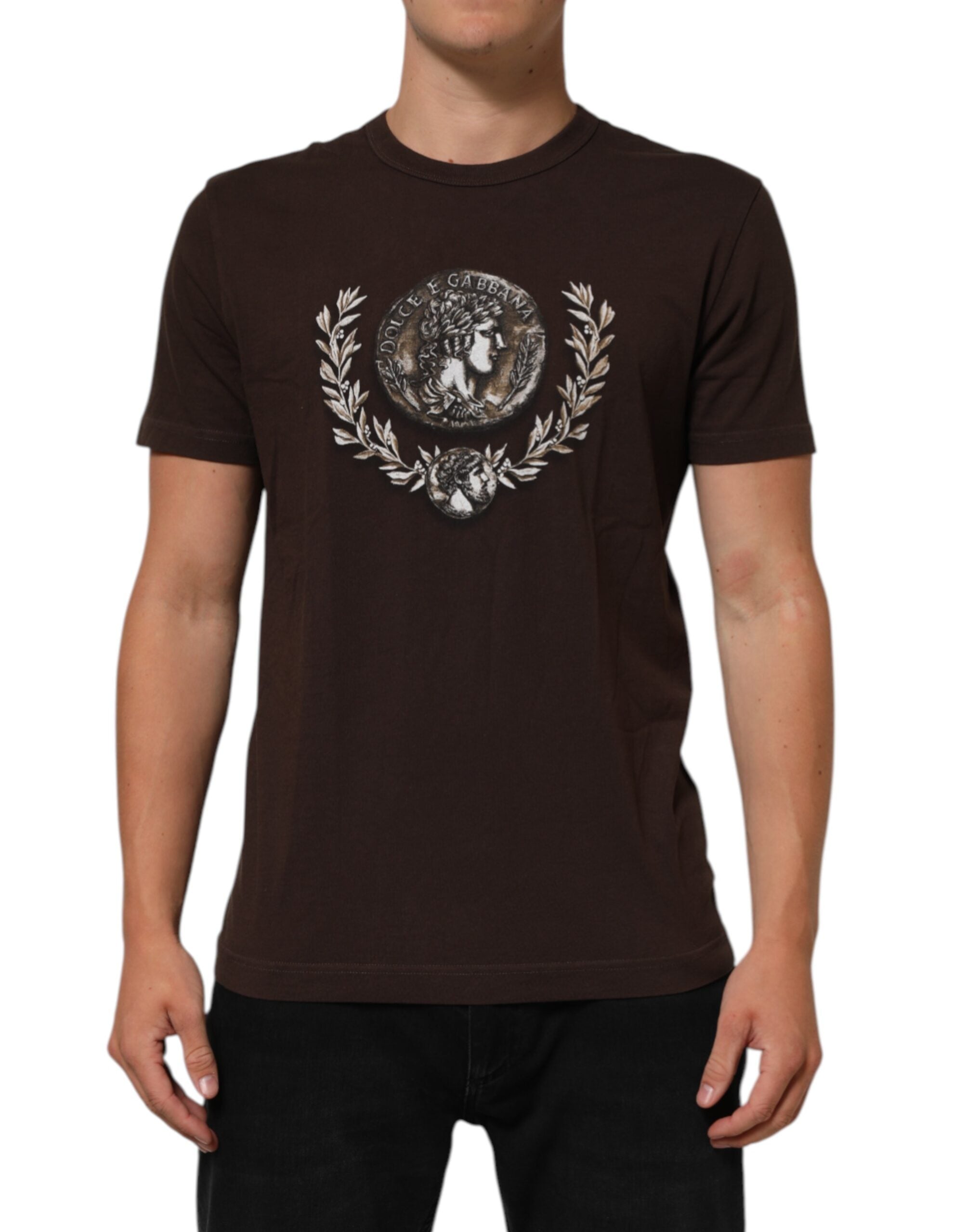 Dolce & Gabbana Braunes Münzlorbeer-T-Shirt mit Rundhalsausschnitt für Männer-1