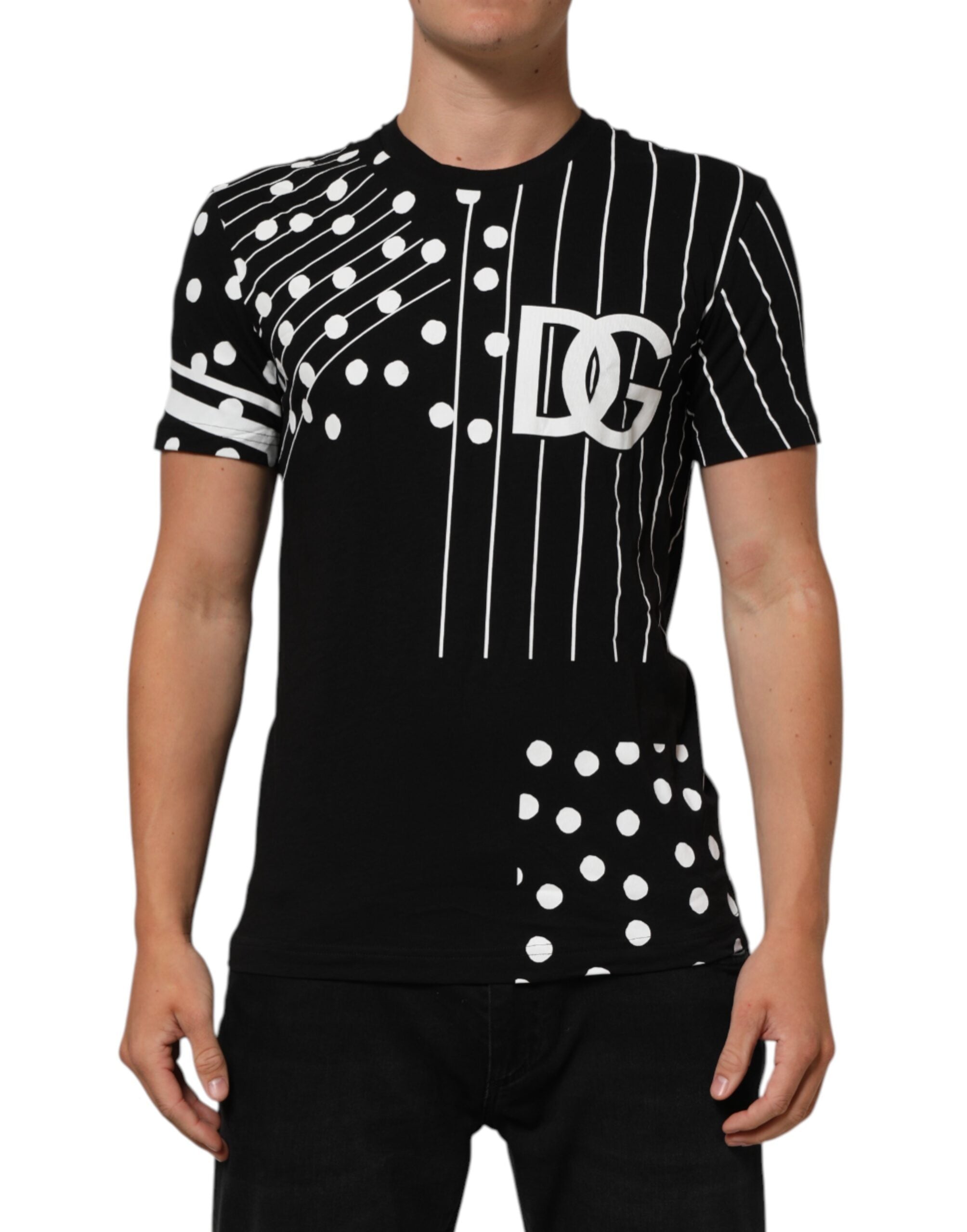 Dolce & Gabbana black cotton t-shirt with round neck and polka dots-1