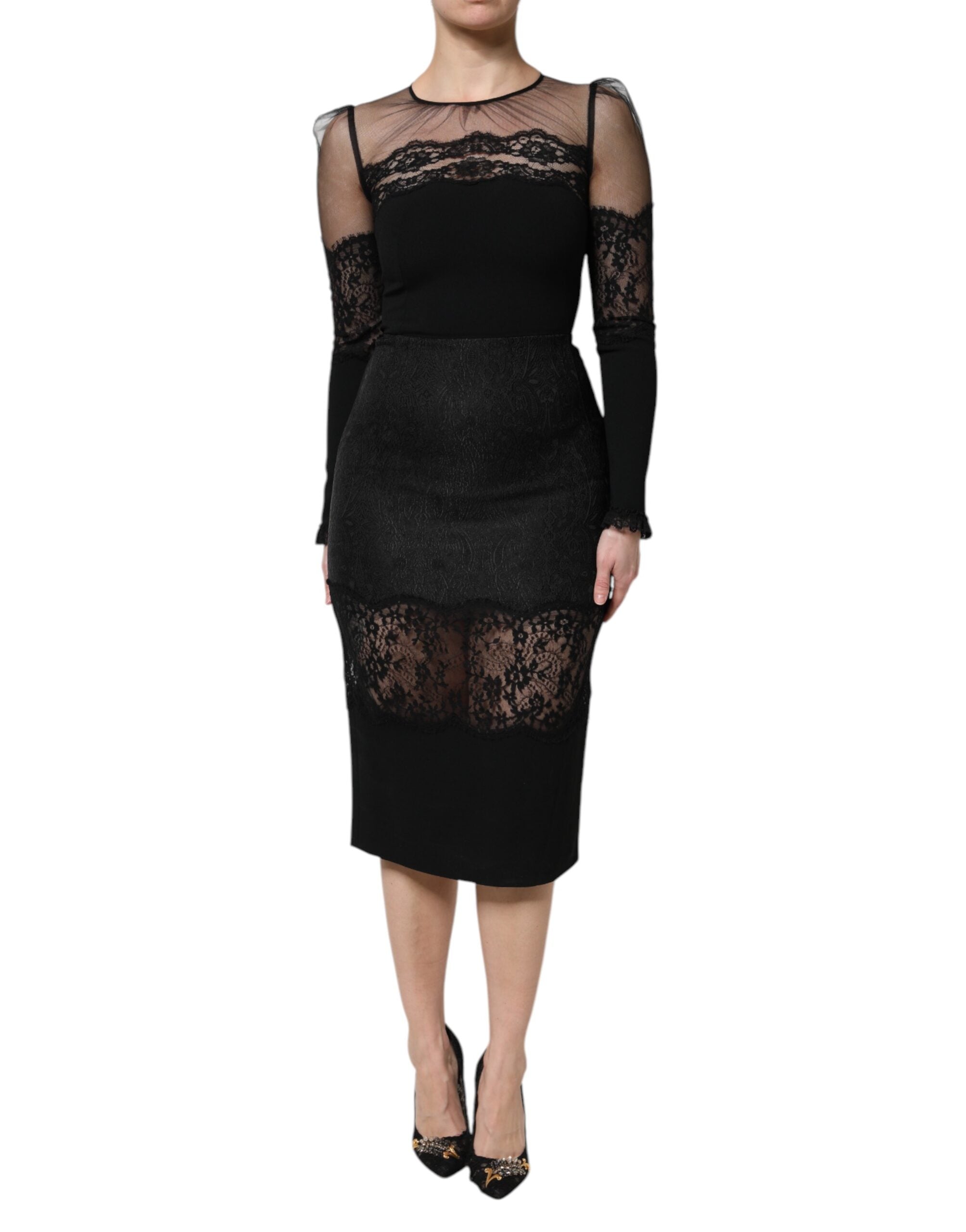 Vestido midi de tul y nailon con ribete de encaje negro de Dolce & Gabbana-1