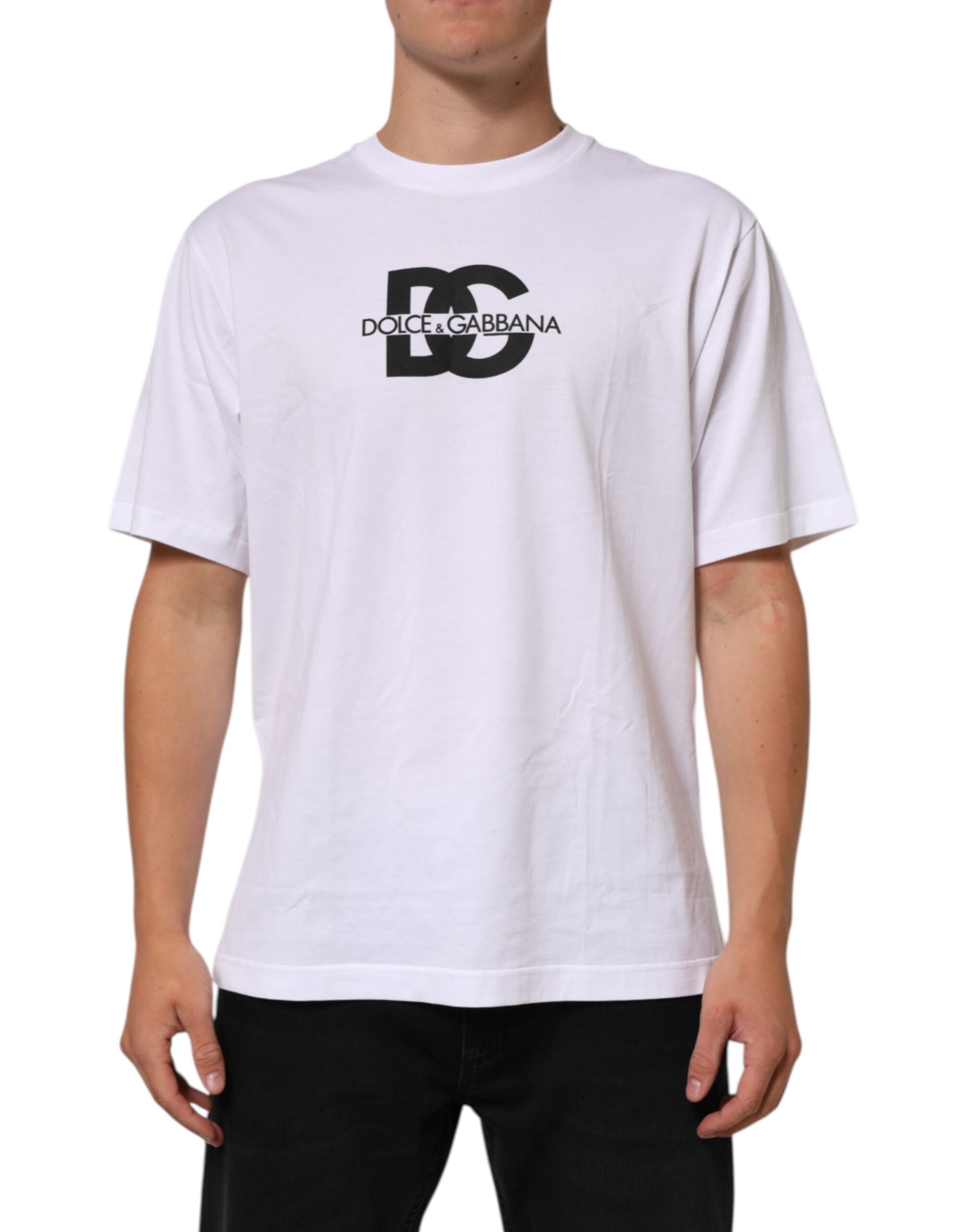 Dolce & Gabbana White Logo Print Cotton Crew Neck Men's T-Shirt-1