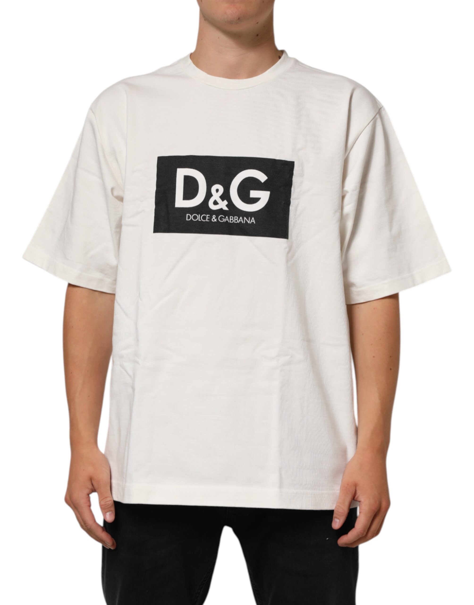 Camiseta de algodón con cuello redondo y estampado de logotipo blanco de Dolce & Gabbana para hombre-1