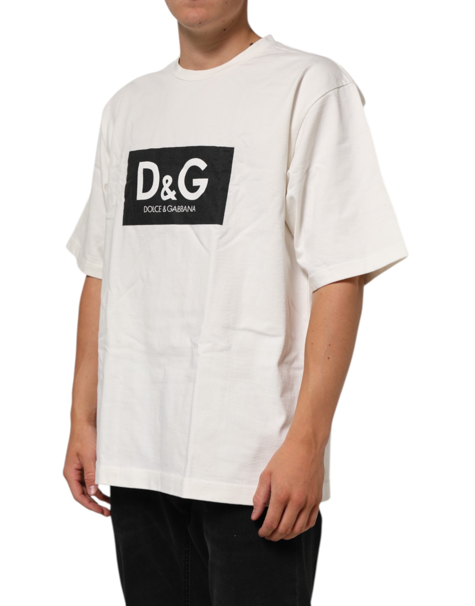 Camiseta de algodón con cuello redondo y estampado de logotipo blanco de Dolce & Gabbana para hombre-3