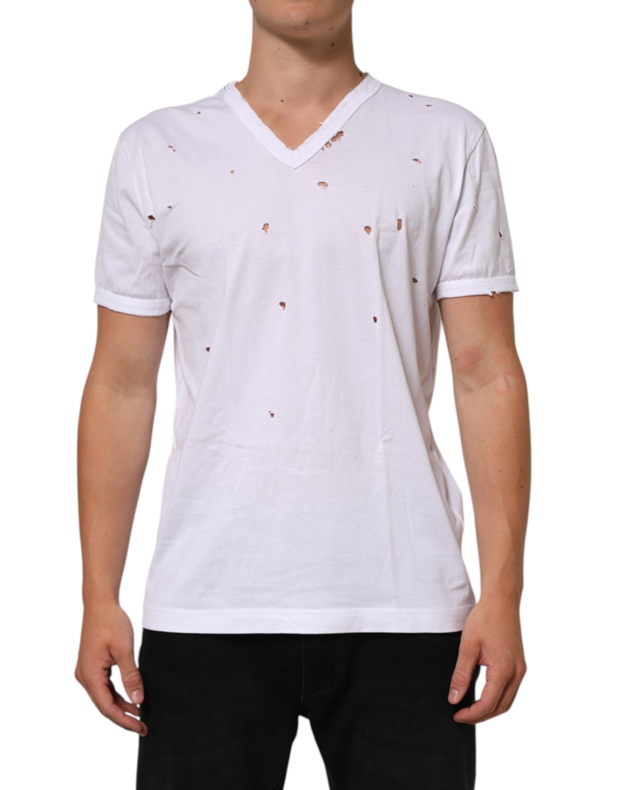 Dolce & Gabbana White Distressed Cotton V-Neck Men's T-Shirt-1
