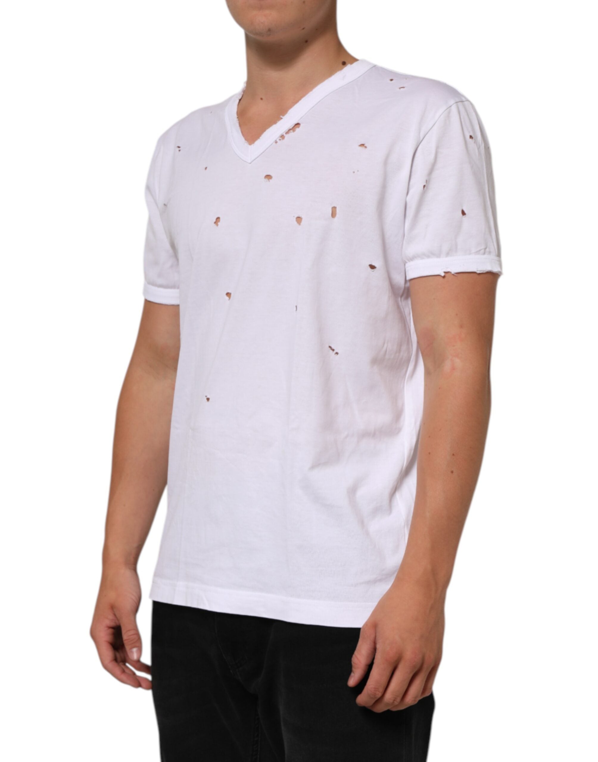 Dolce & Gabbana White Distressed Cotton V-Neck Men's T-Shirt-3