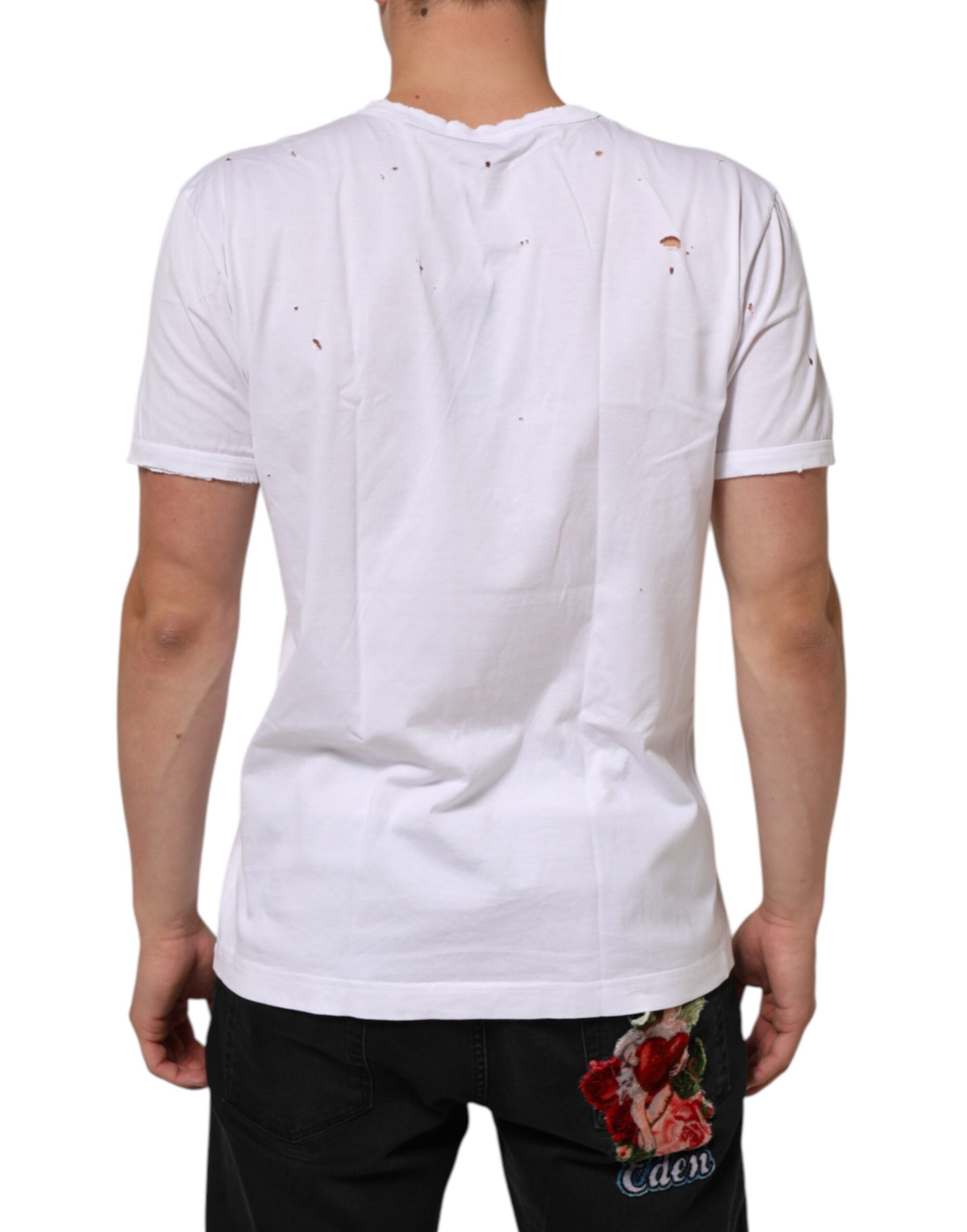 Dolce & Gabbana White Distressed Cotton V-Neck Men's T-Shirt-4