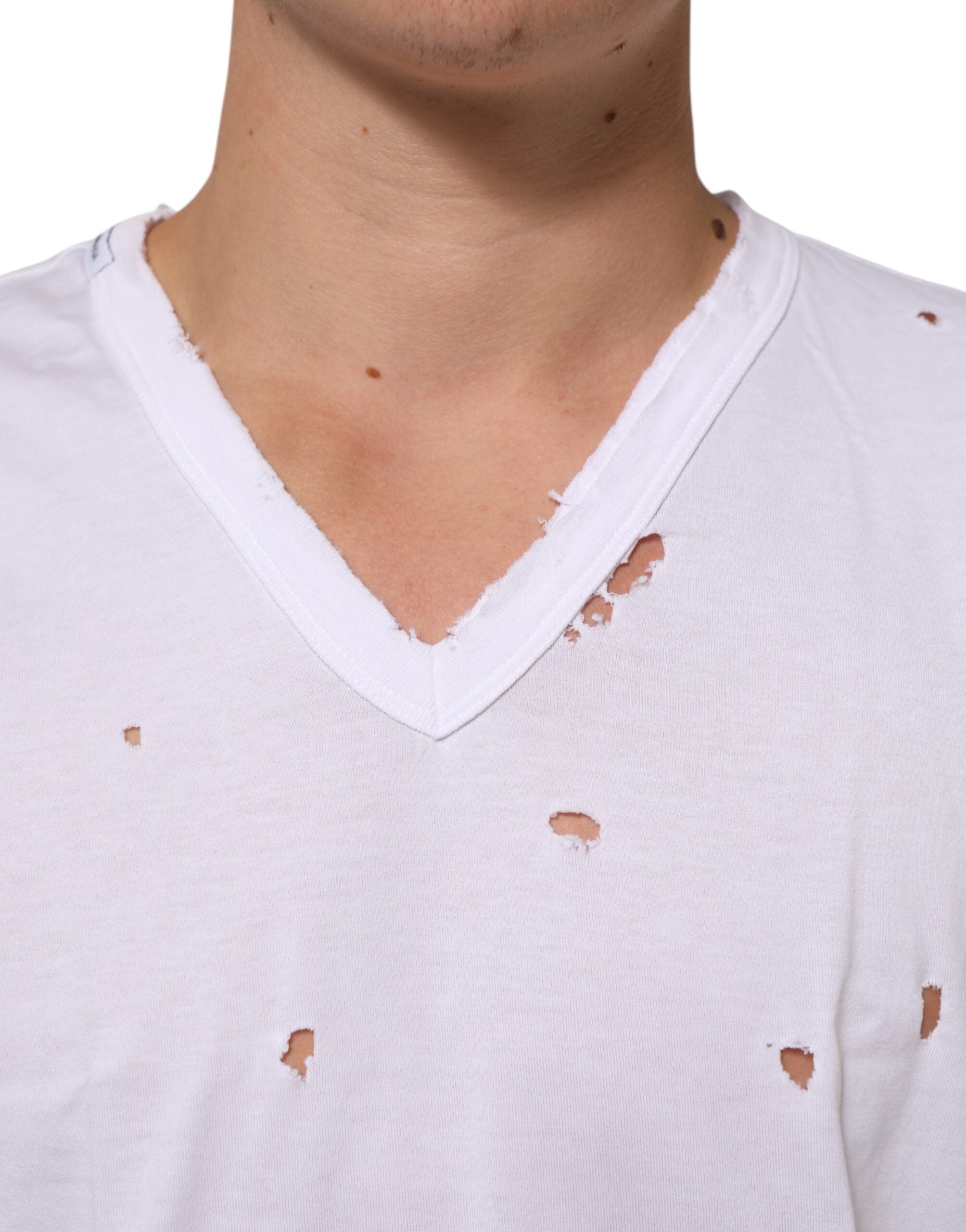 Dolce & Gabbana White Distressed Cotton V-Neck Men's T-Shirt-5