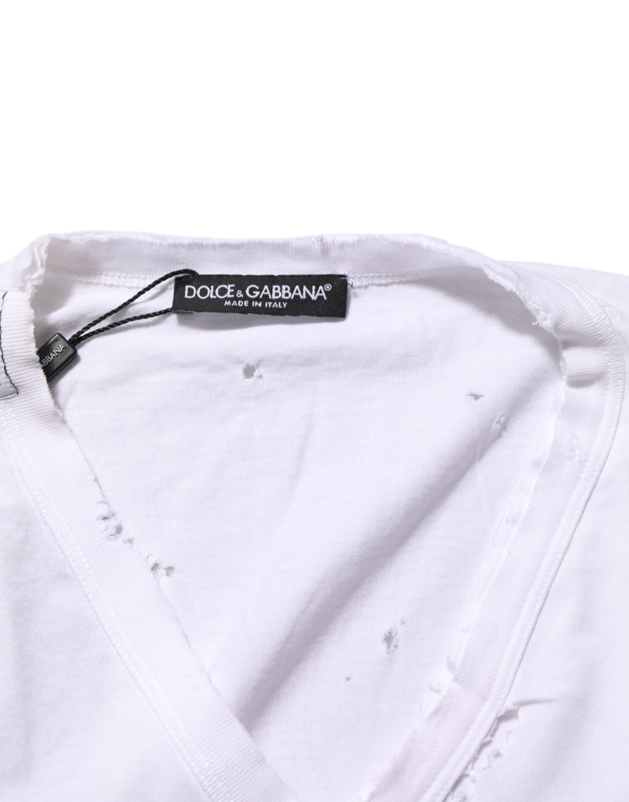 Dolce & Gabbana White Distressed Cotton V-Neck Men's T-Shirt-7
