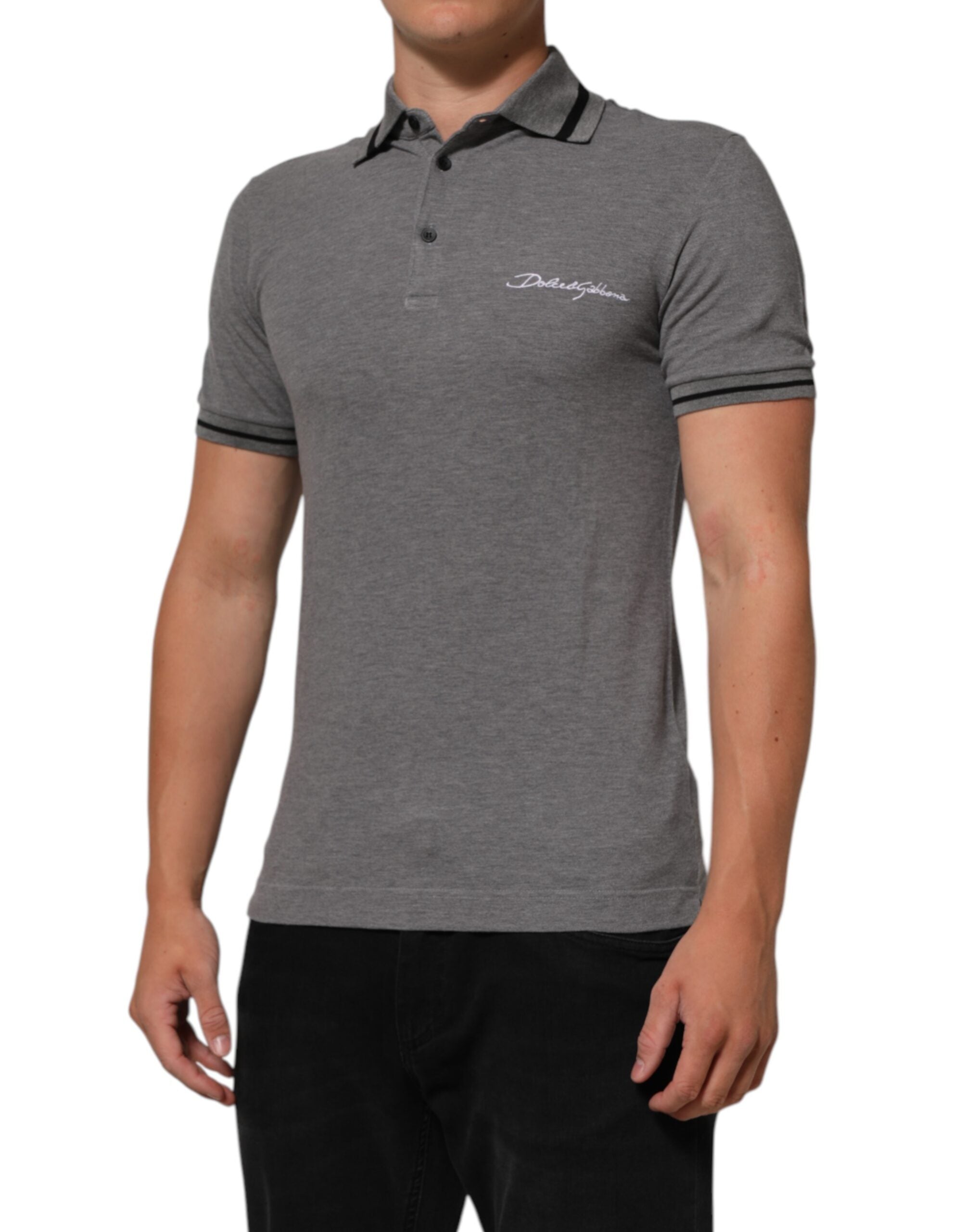 Dolce & Gabbana Graues Polo-T-Shirt mit Logo-Stickerei und Kragen-3