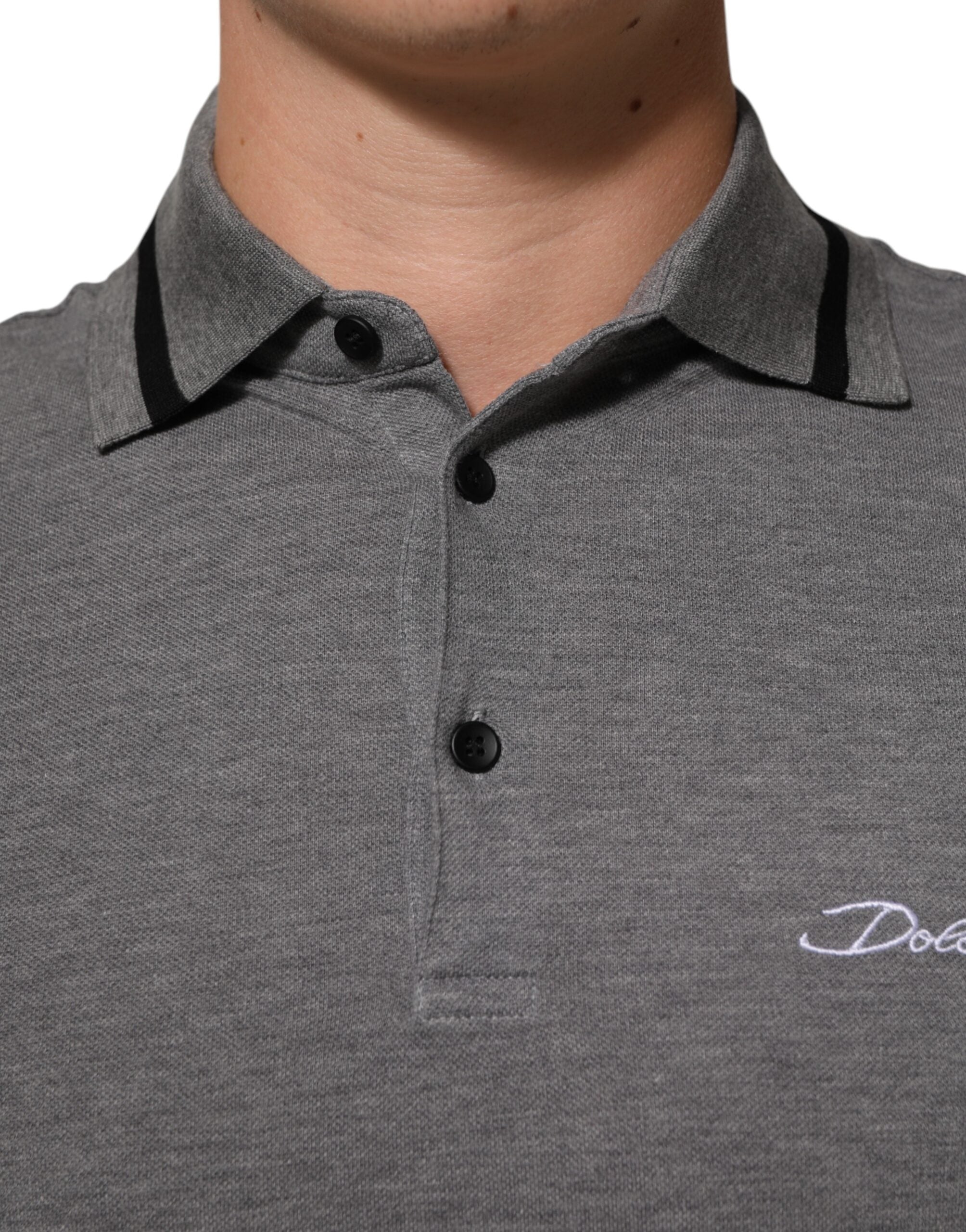 Dolce & Gabbana Graues Polo-T-Shirt mit Logo-Stickerei und Kragen-5