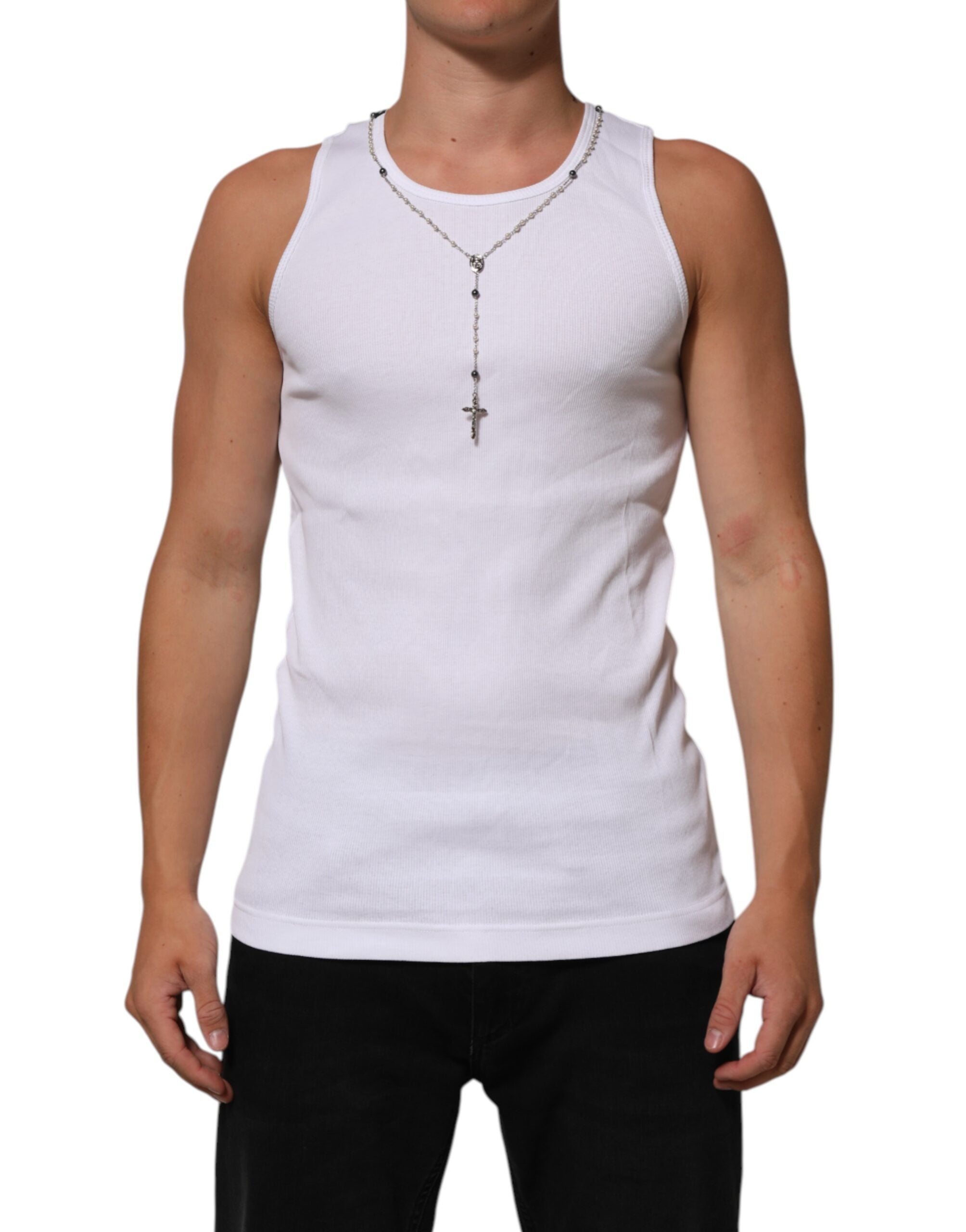 Dolce & Gabbana White Cotton Chain Necklace Tank Top T-Shirt-1