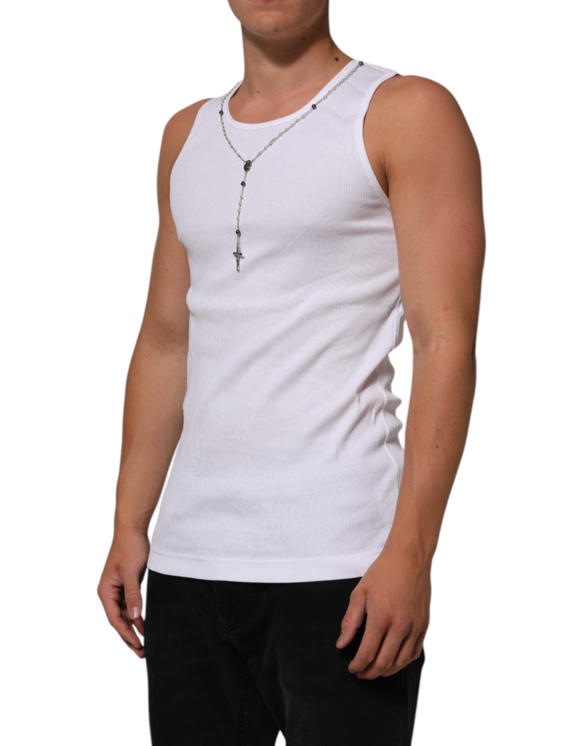 Dolce & Gabbana White Cotton Chain Necklace Tank Top T-Shirt-3