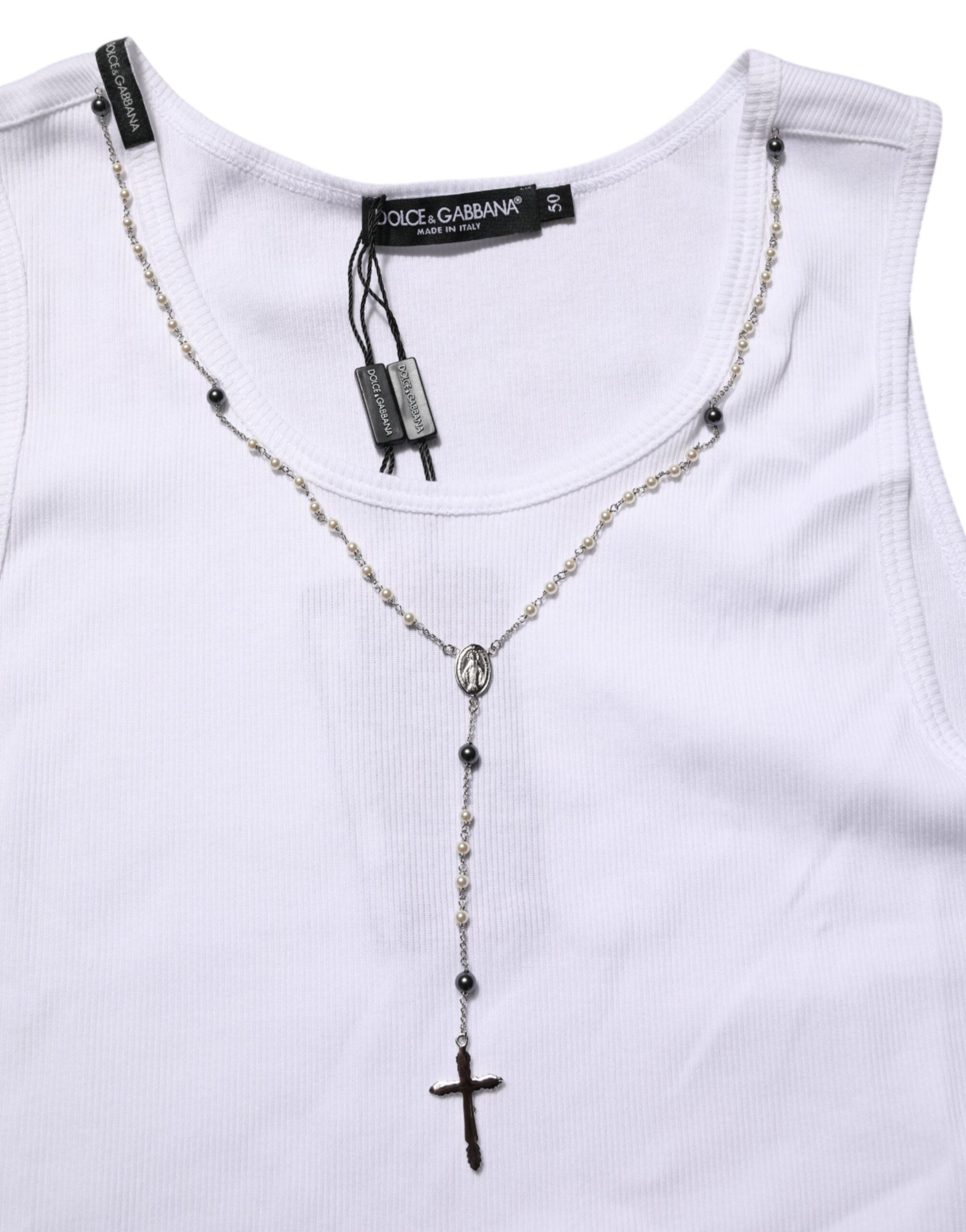 Dolce & Gabbana White Cotton Chain Necklace Tank Top T-Shirt-6