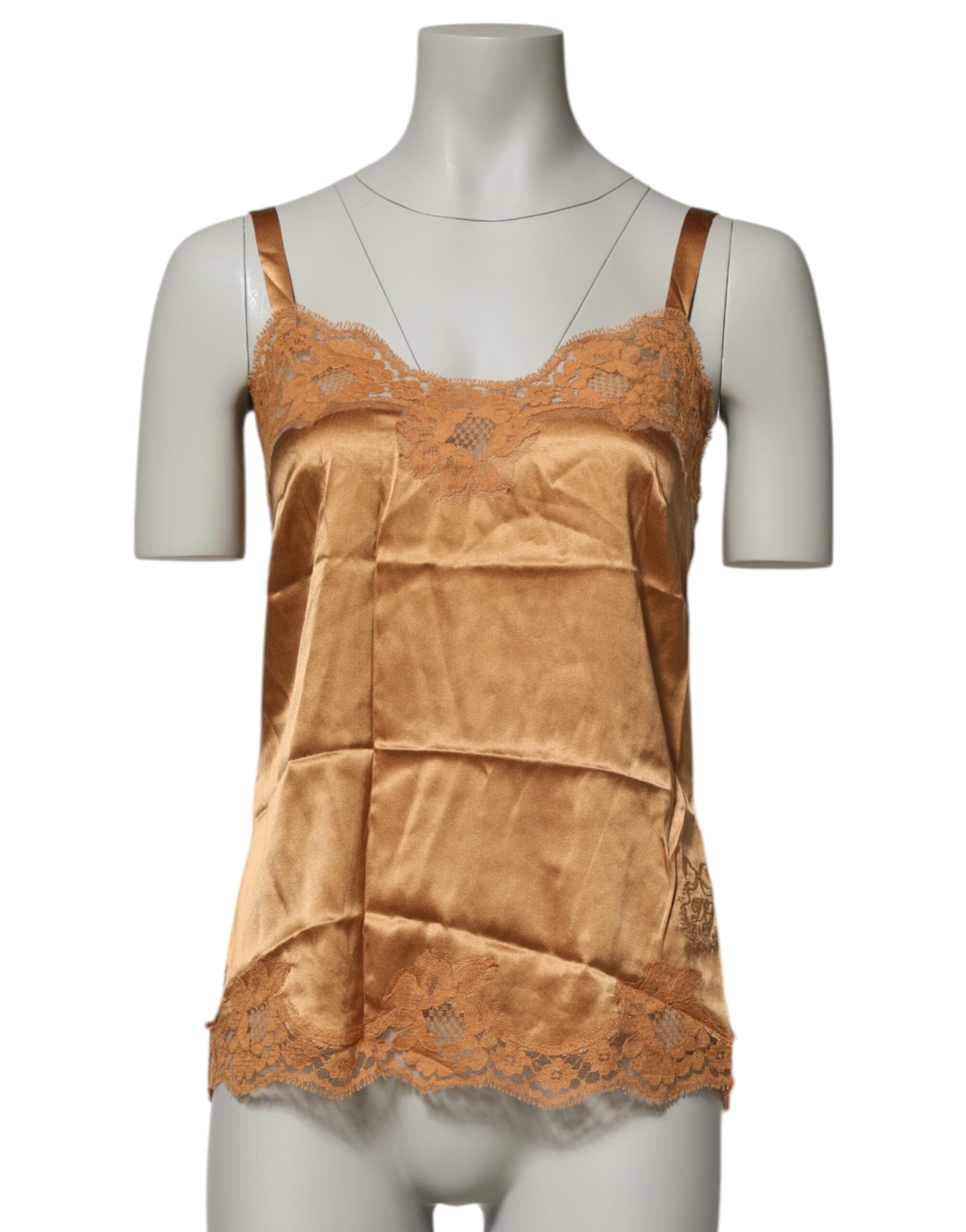 Dolce & Gabbana - Camiseta interior de satén de seda con encaje floral marrón-2