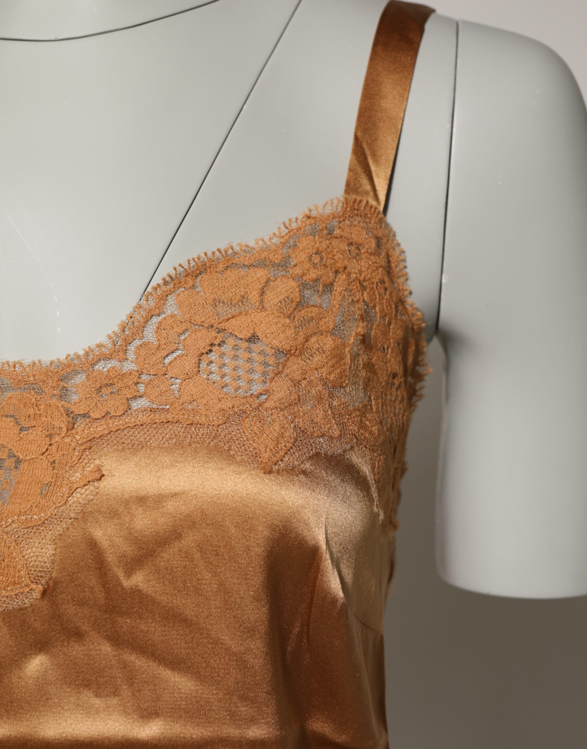 Dolce & Gabbana - Camiseta interior de satén de seda con encaje floral marrón-3