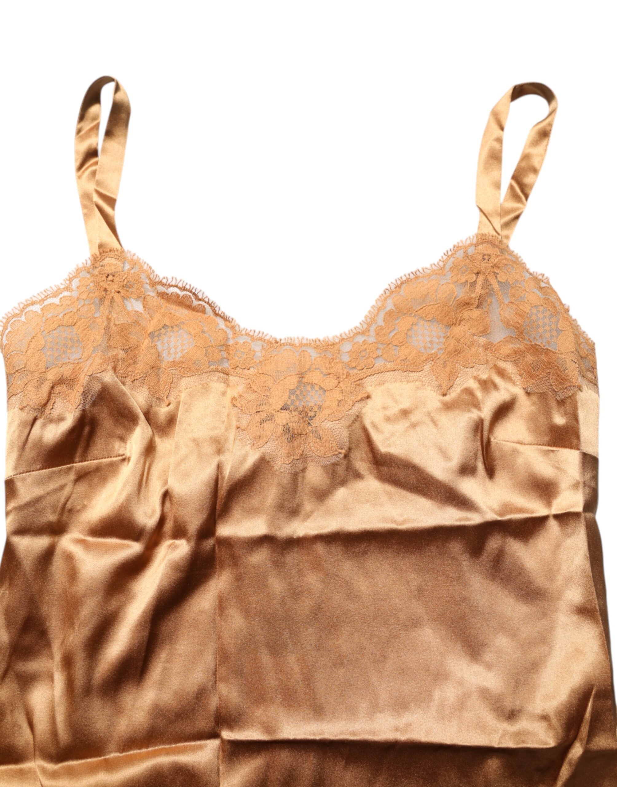 Dolce & Gabbana - Camiseta interior de satén de seda con encaje floral marrón-5