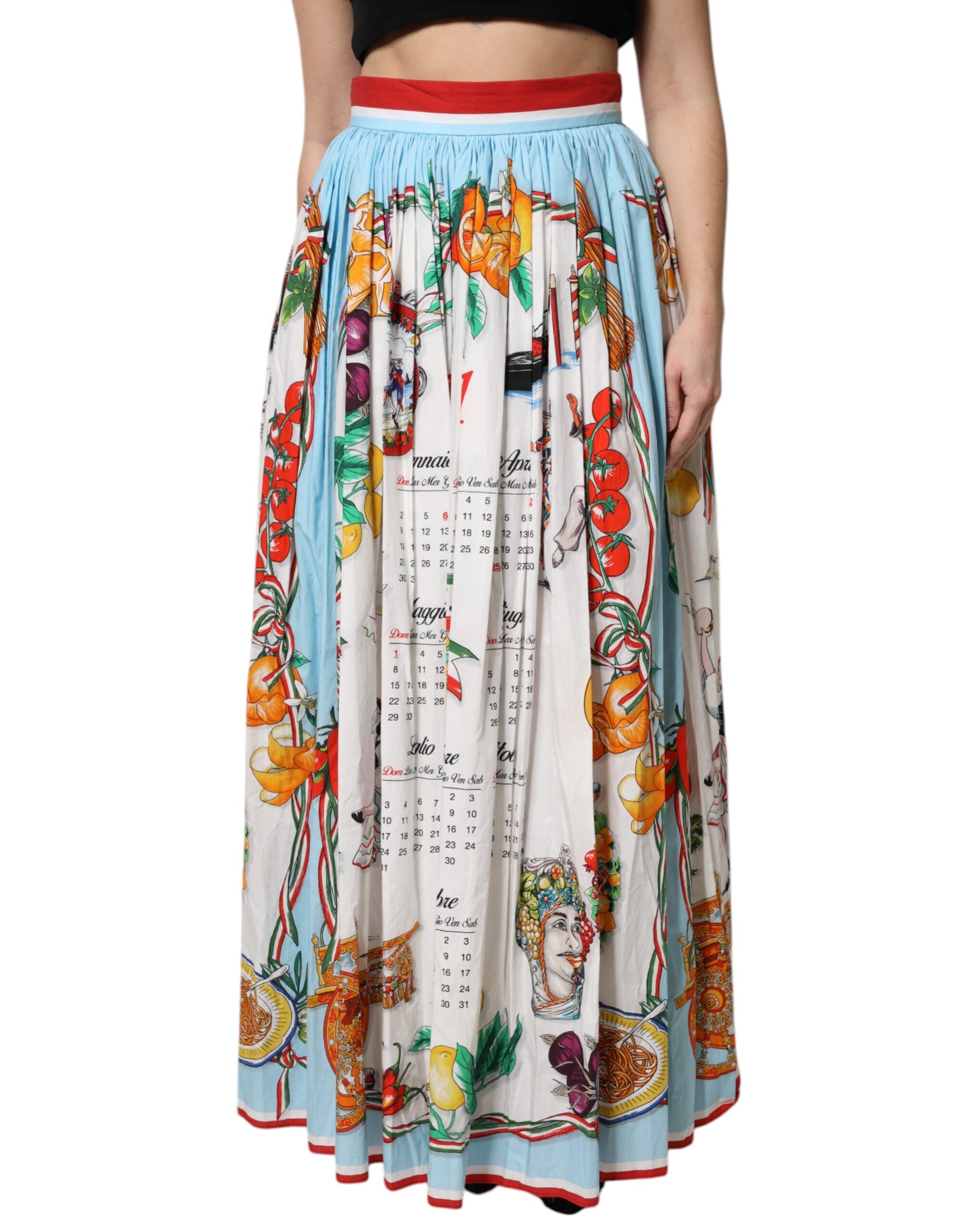 Dolce & Gabbana white maxi skirt with calendar print in cotton with ruching