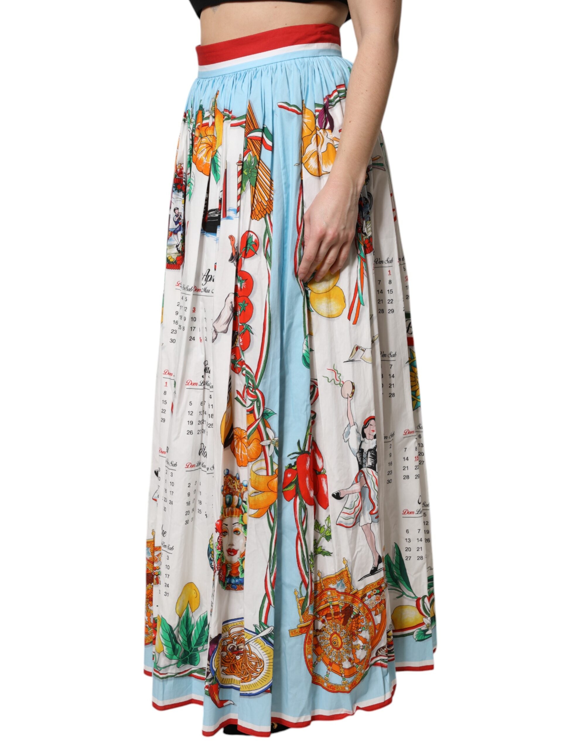 Falda larga blanca Dolce & Gabbana con estampado de calendario en algodón con fruncido-3