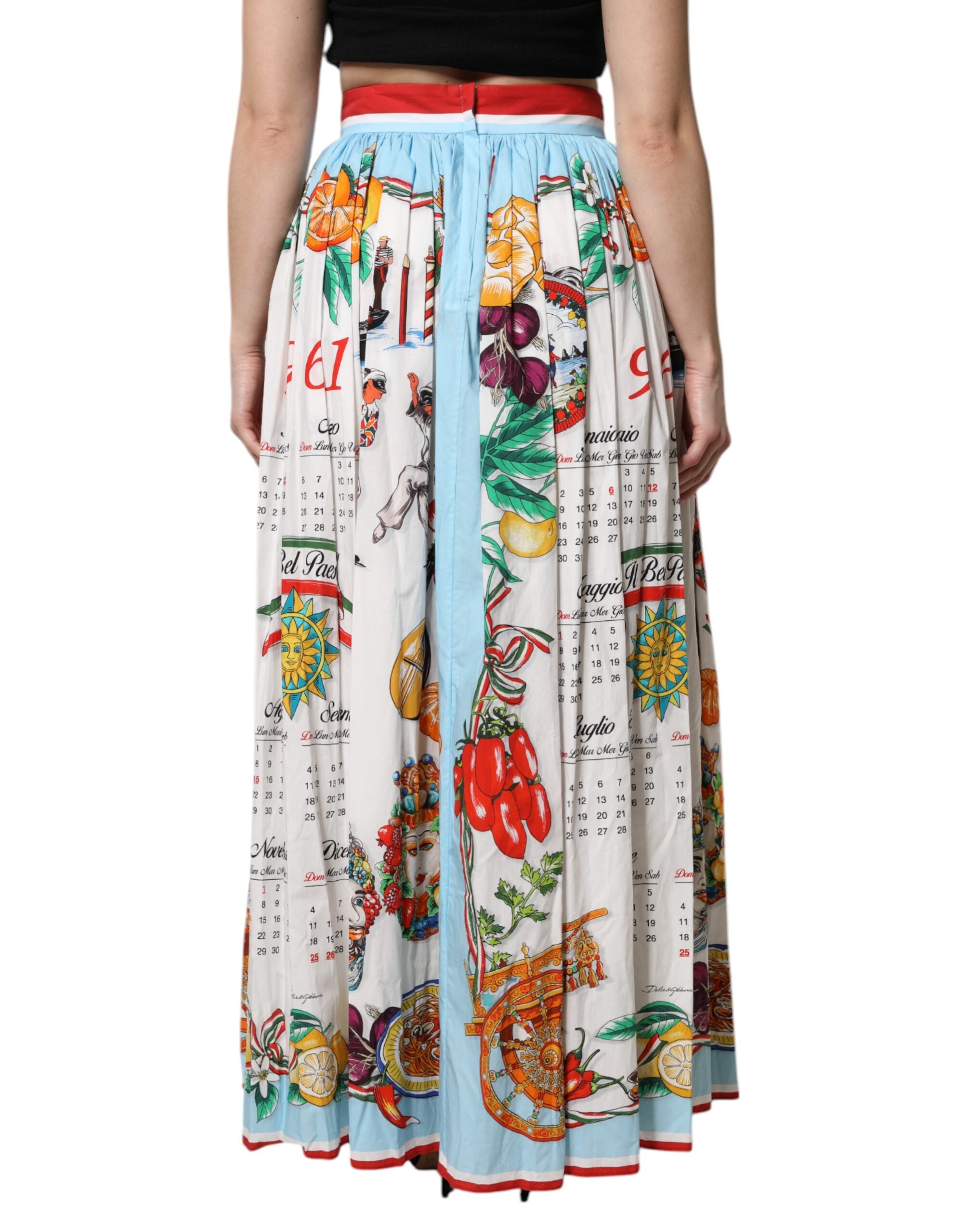 Falda larga blanca Dolce & Gabbana con estampado de calendario en algodón con fruncido-4