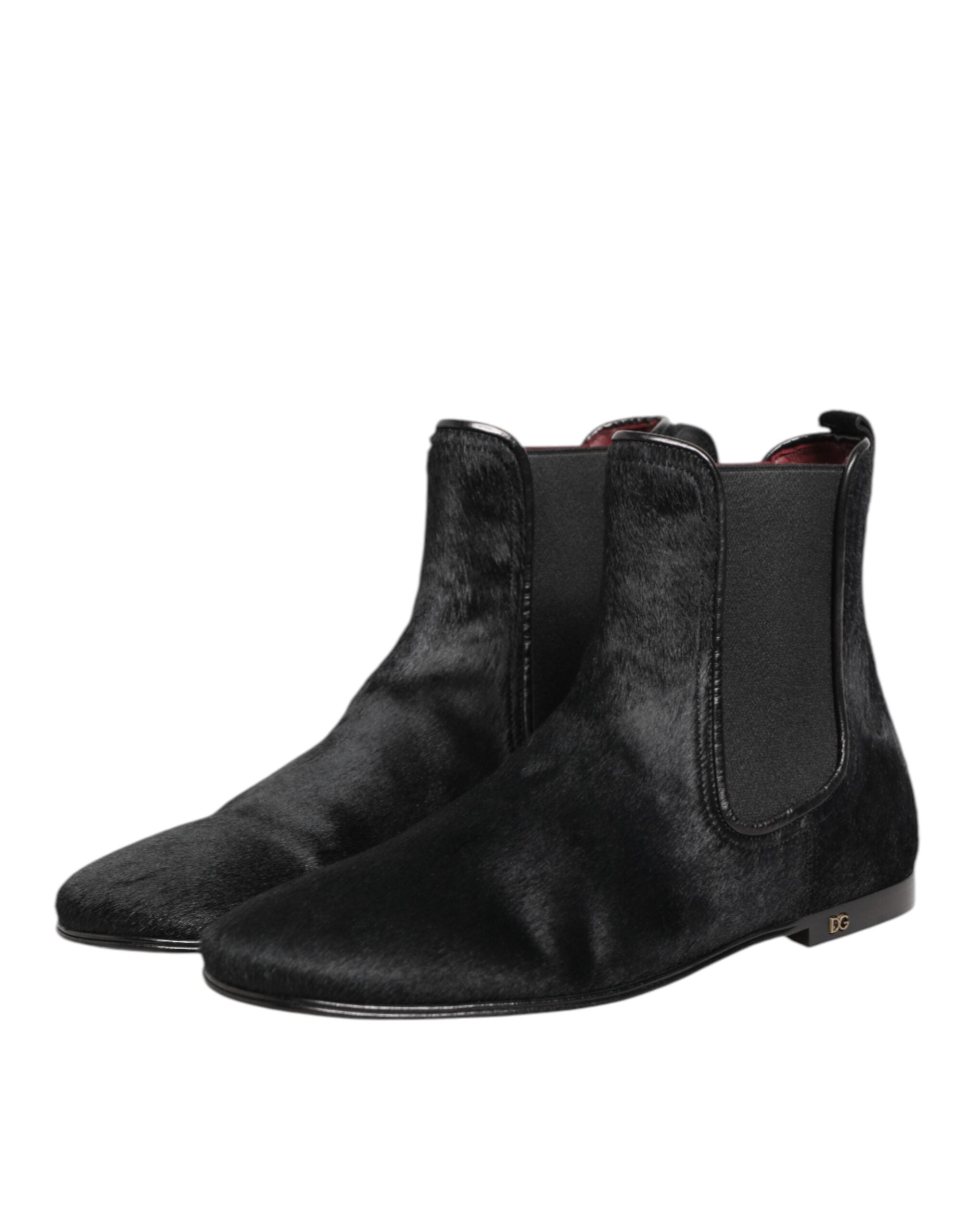 Dolce & Gabbana Schwarz Leder Pelz Männer CHELSEA Stiefel Schuhe-5