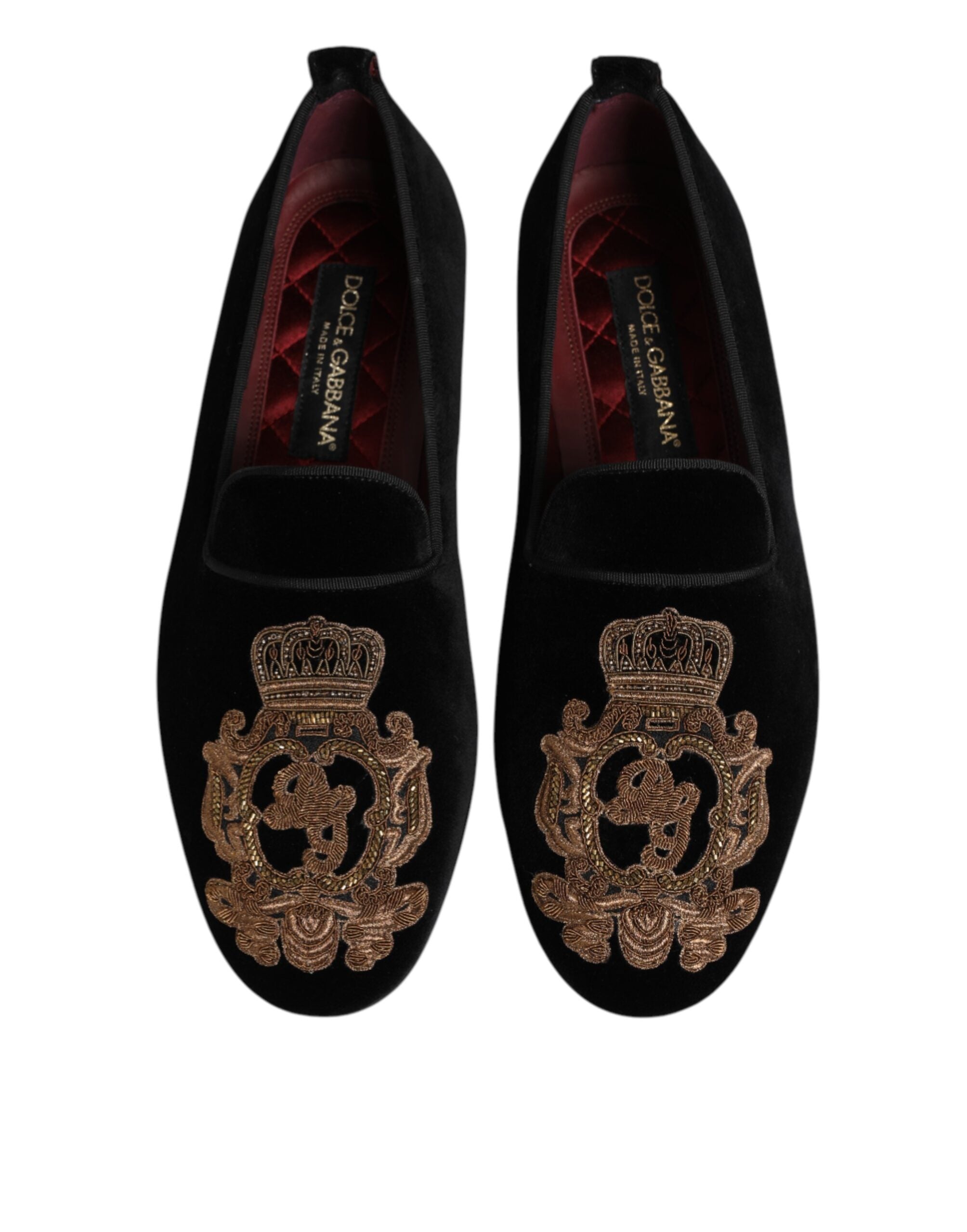 Dolce & Gabbana Schwarzer Samt Gold Crown Herren Loafers Schuhe-4
