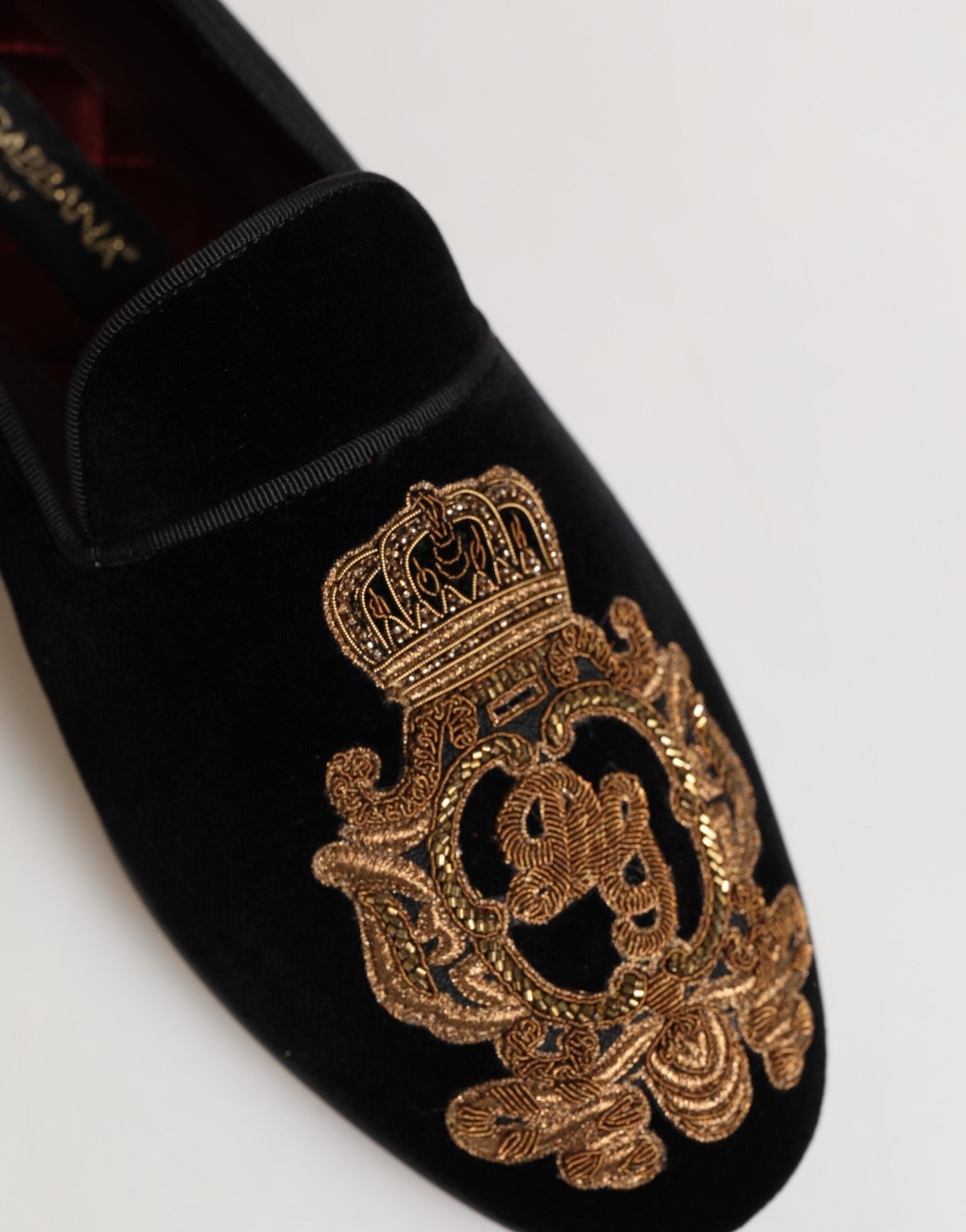 Dolce & Gabbana Schwarzer Samt Gold Crown Herren Loafers Schuhe-5
