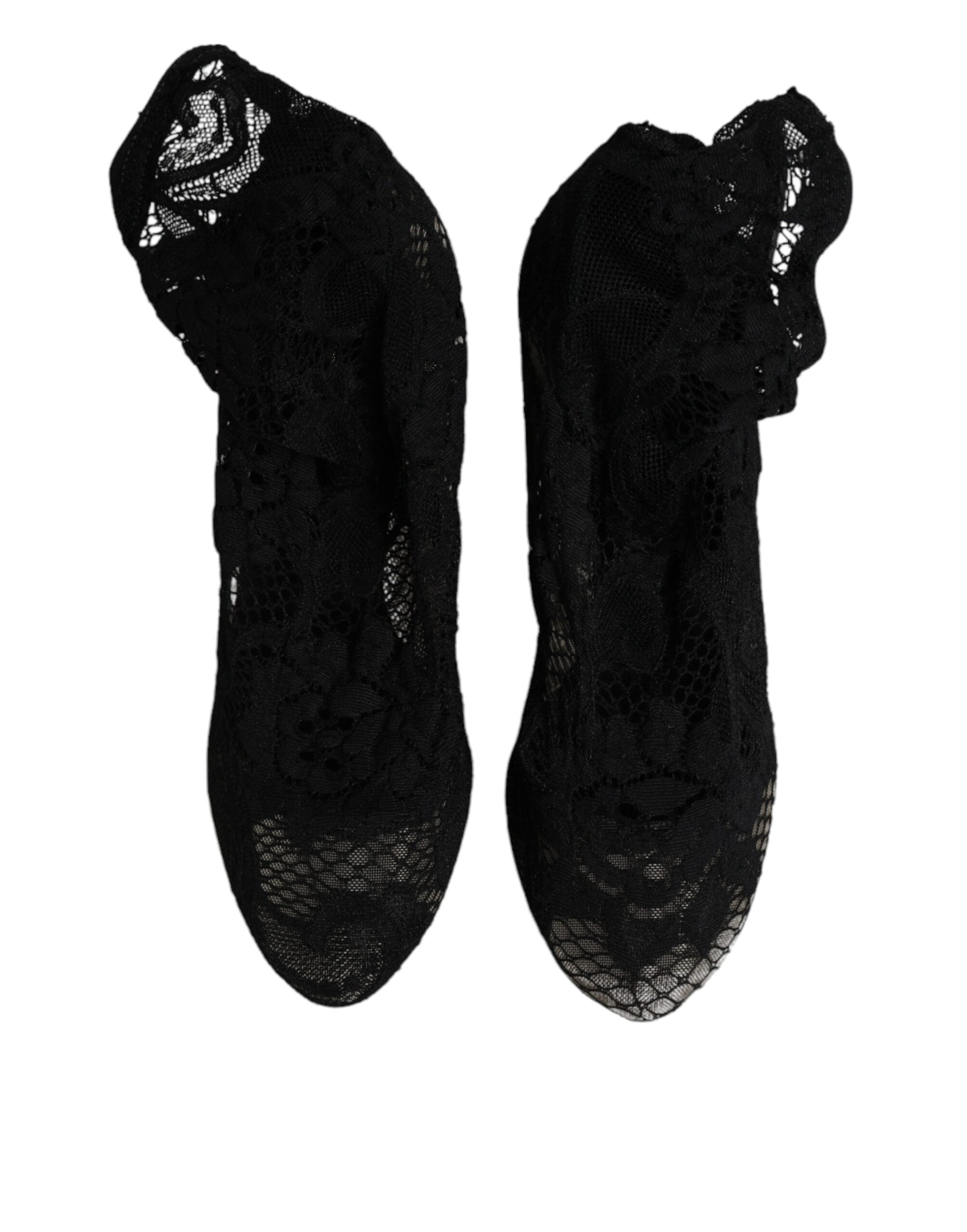 Dolce & Gabbana Black Lace Stretch Heels Mid Calf Boots Shoes-4