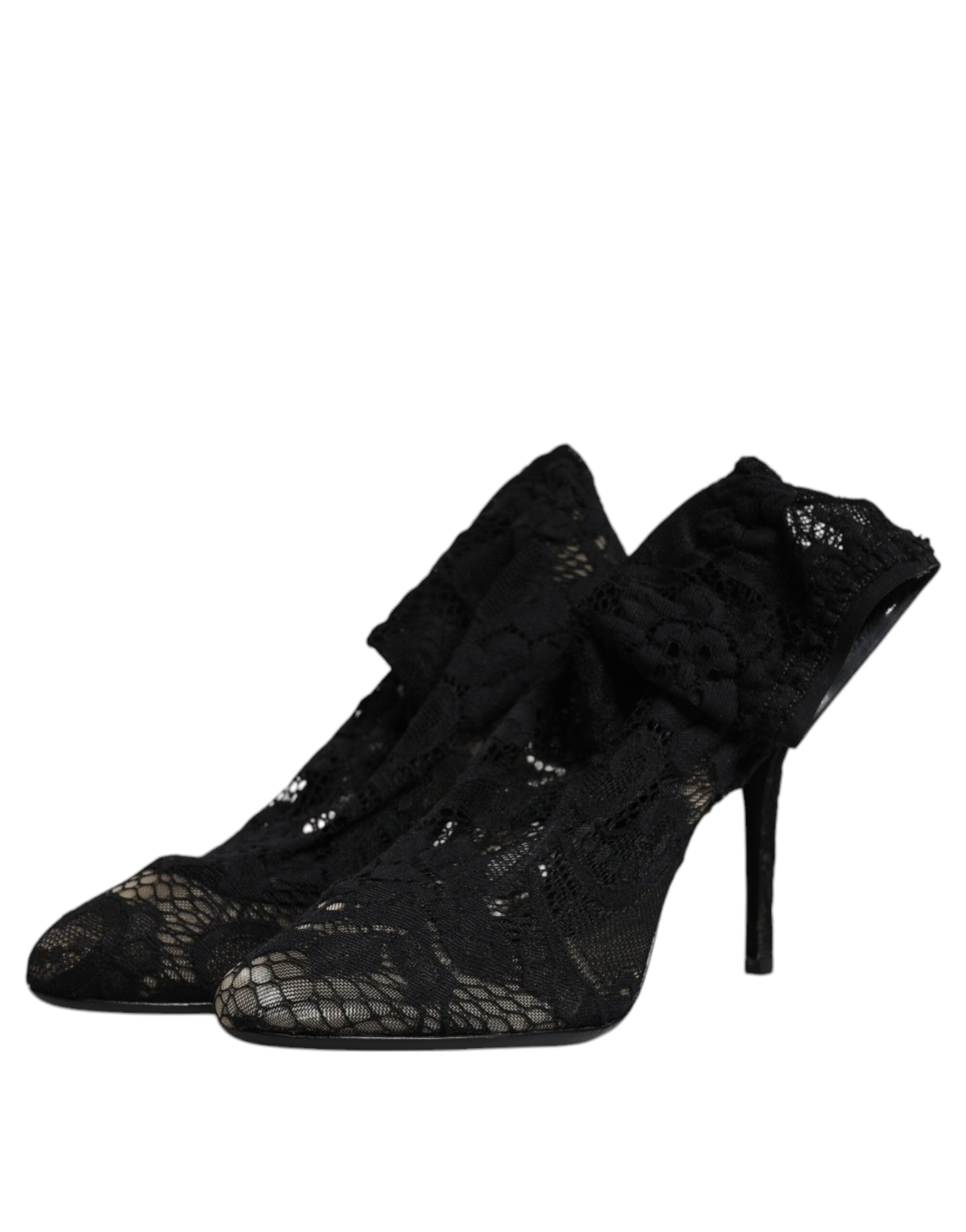 Dolce & Gabbana Black Lace Stretch Heels Mid Calf Boots Shoes-5