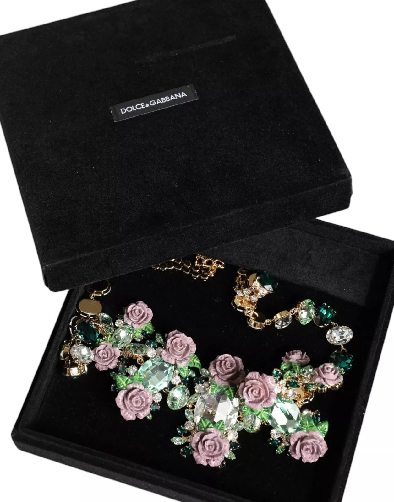 Dolce & Gabbana Gold and Brass Link Chain Rose Petal Crystal Necklace-2