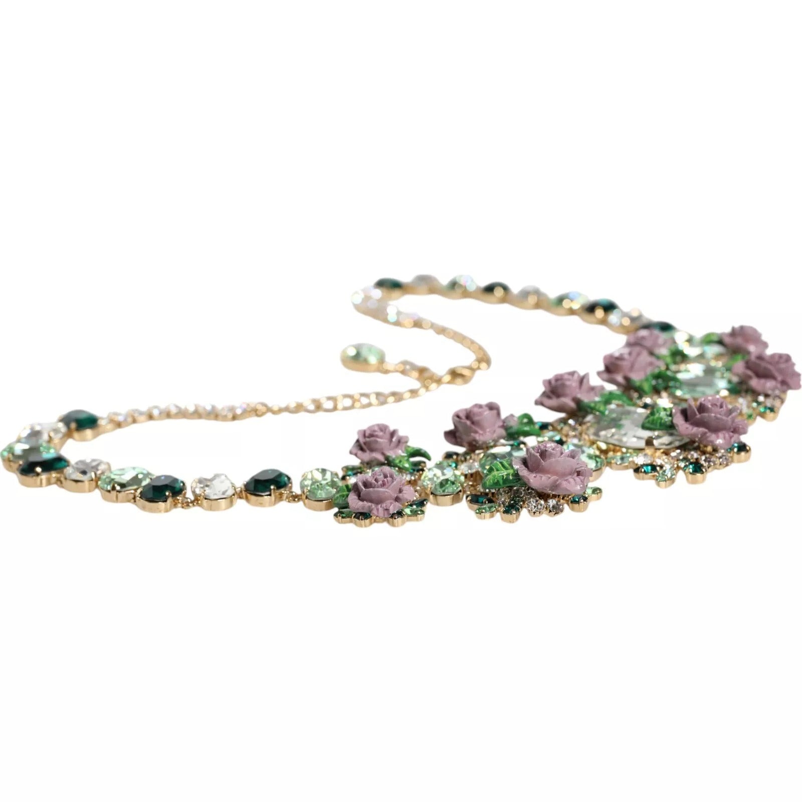 Dolce & Gabbana Gold and Brass Link Chain Rose Petal Crystal Necklace-3