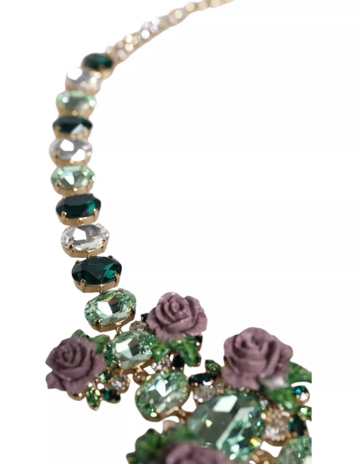 Dolce & Gabbana Gold and Brass Link Chain Rose Petal Crystal Necklace-7