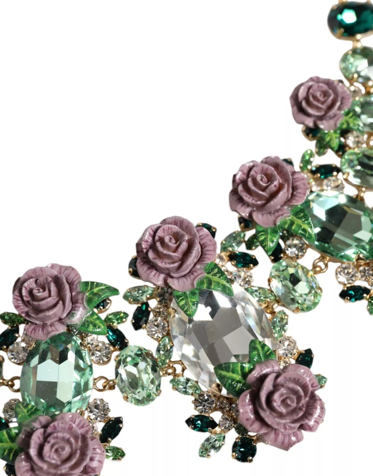 Dolce & Gabbana Gold and Brass Link Chain Rose Petal Crystal Necklace-8