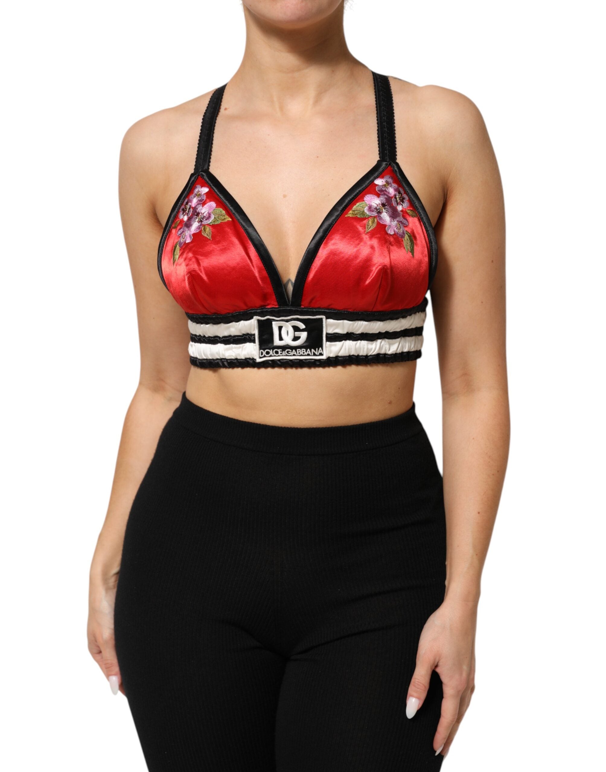 Dolce & Gabbana Red Satin Bralette Crop Top with Floral Embroidery-2