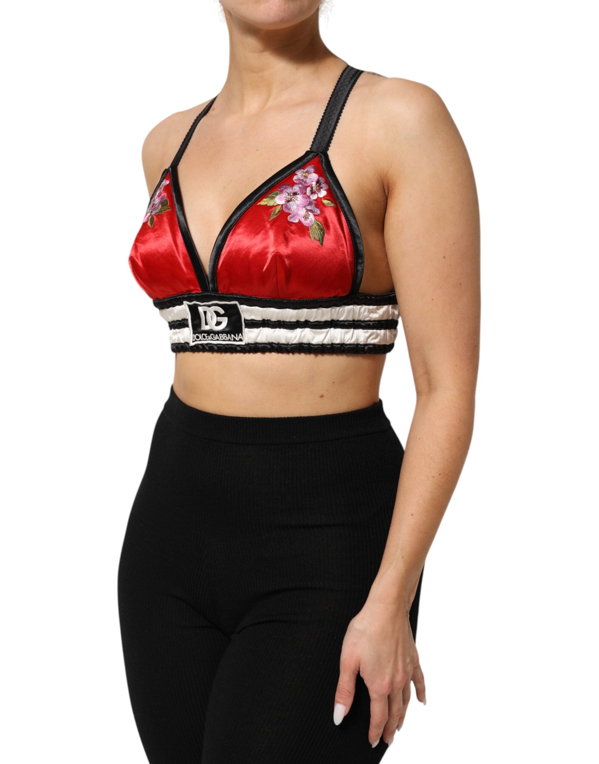 Dolce & Gabbana Red Satin Bralette Crop Top with Floral Embroidery-3