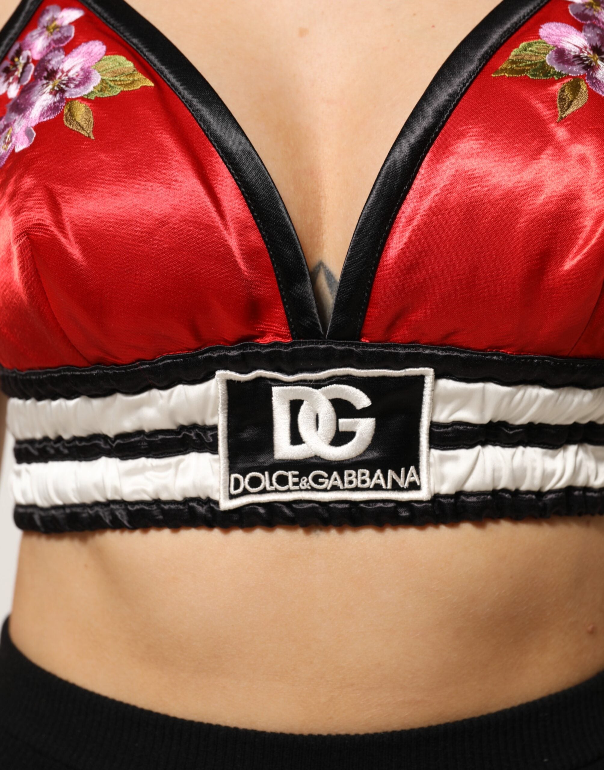 Dolce & Gabbana Red Satin Bralette Crop Top with Floral Embroidery-5
