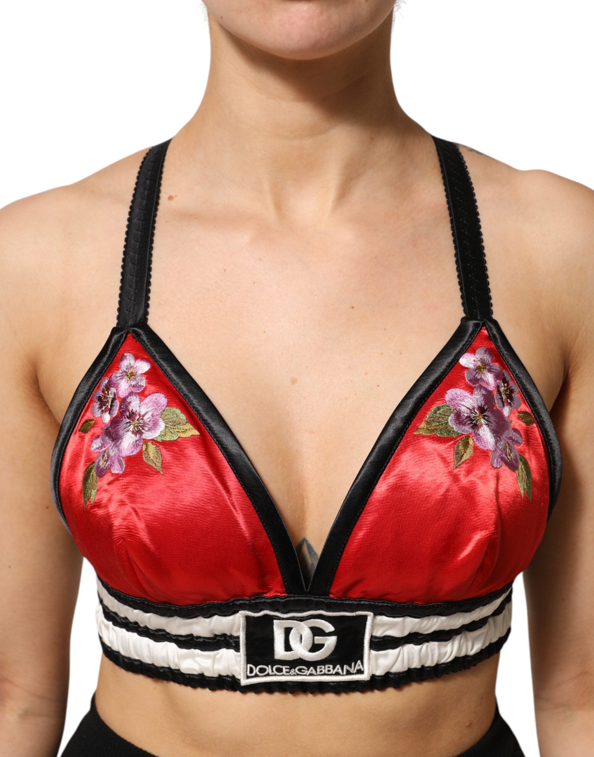 Dolce & Gabbana Red Satin Bralette Crop Top with Floral Embroidery-6