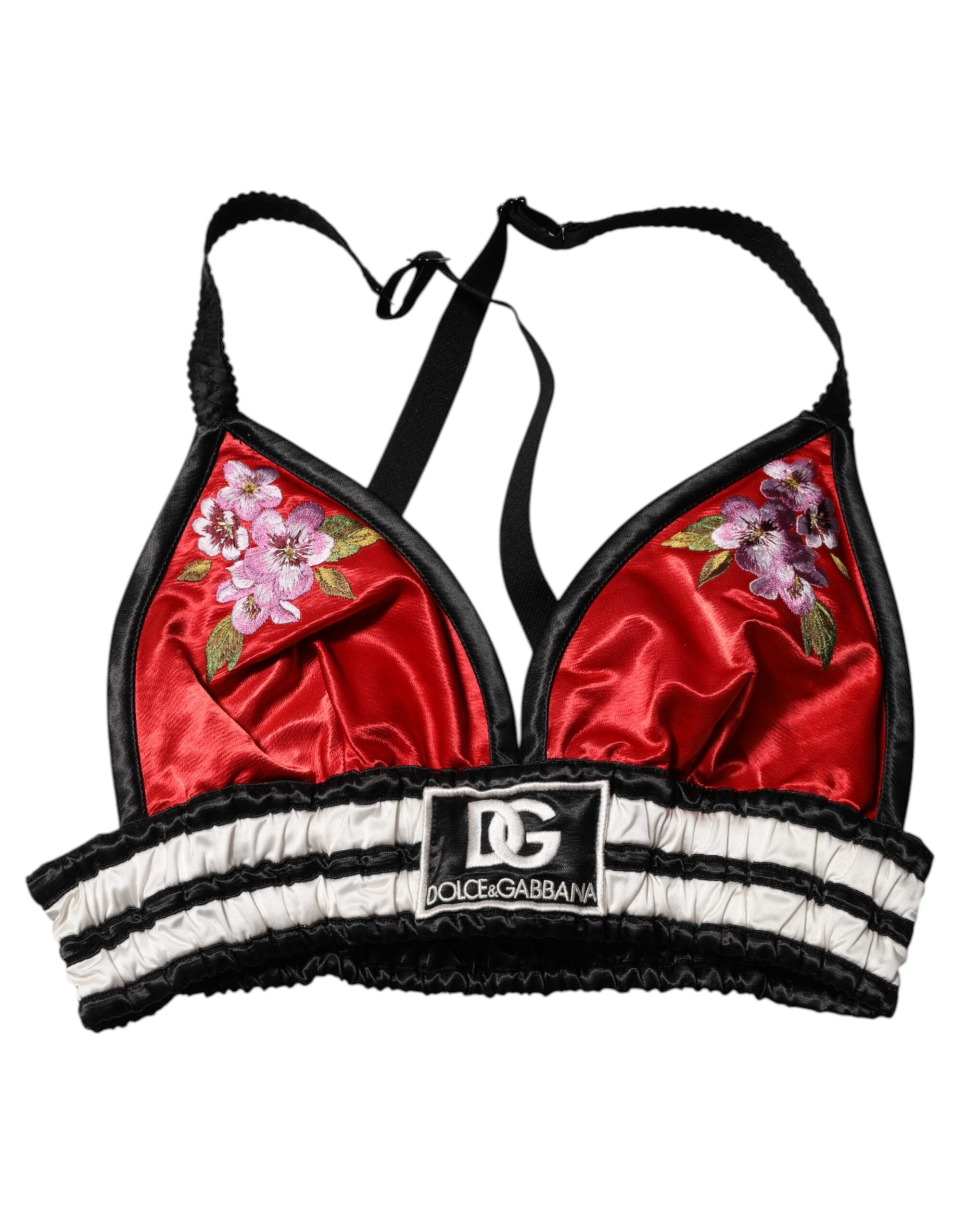 Dolce & Gabbana Red Satin Bralette Crop Top with Floral Embroidery-7