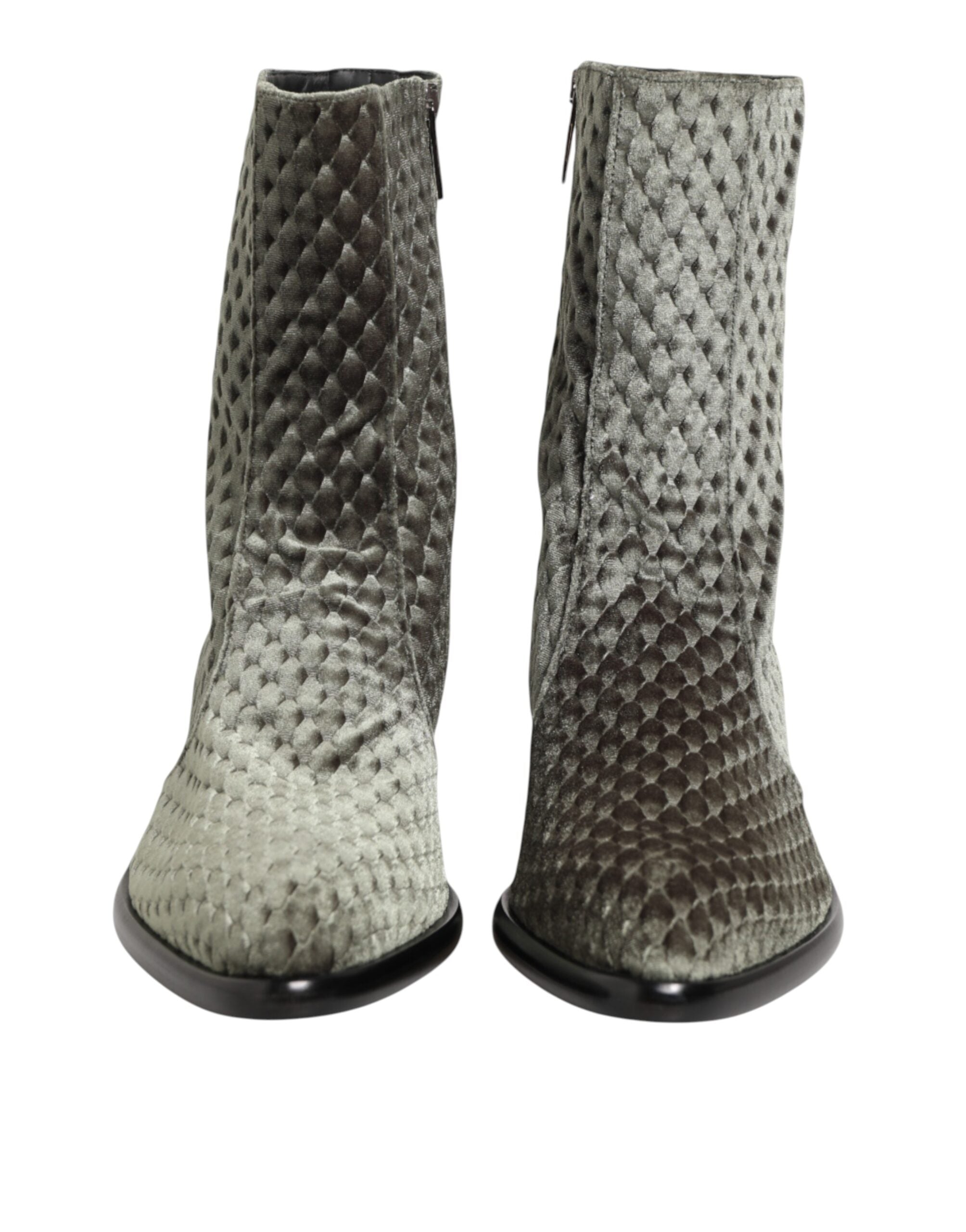 Dolce & Gabbana Grey Cotton Velvet Mid Calf Short Boots Shoes-3