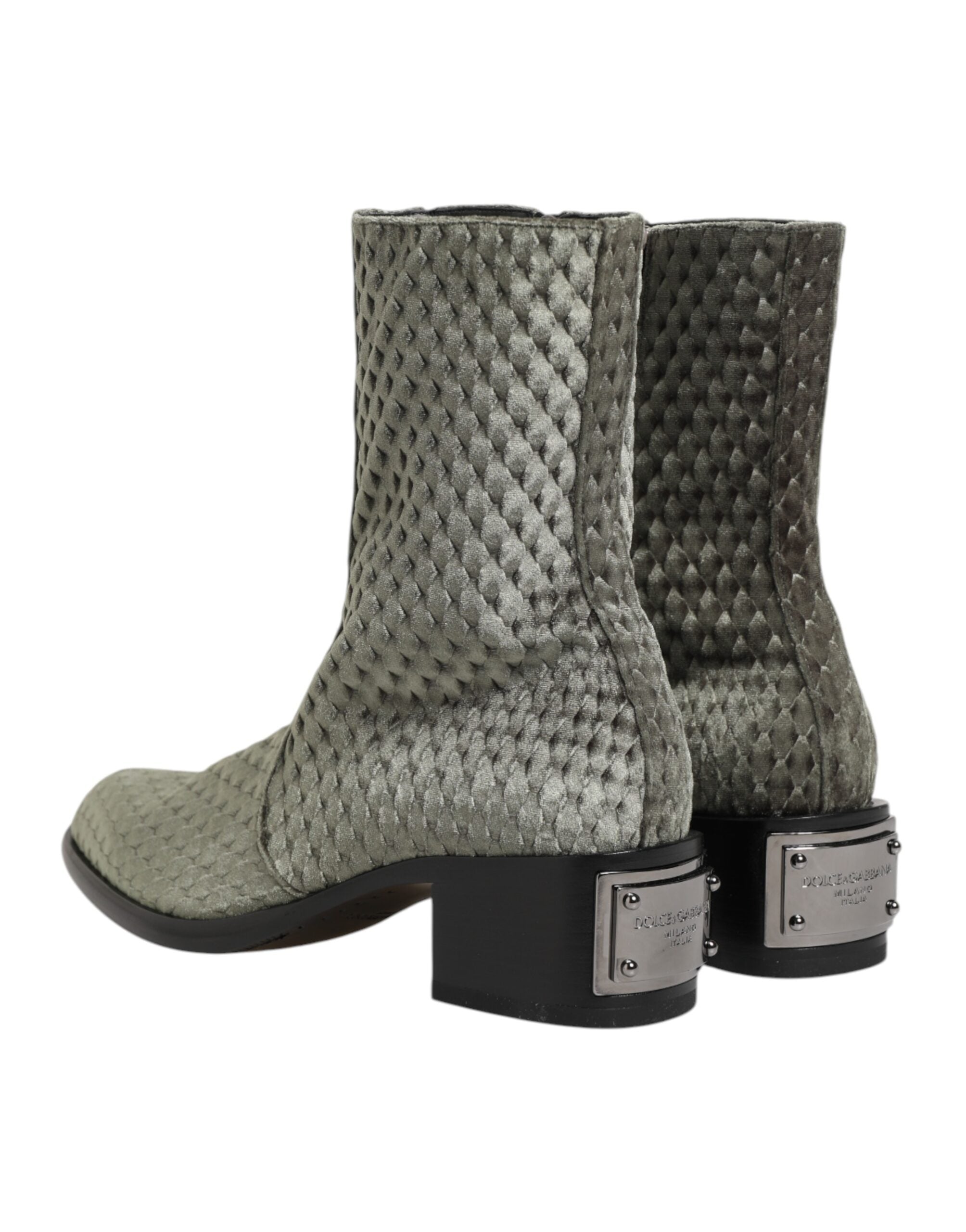Dolce & Gabbana Grey Cotton Velvet Mid Calf Short Boots Shoes-6