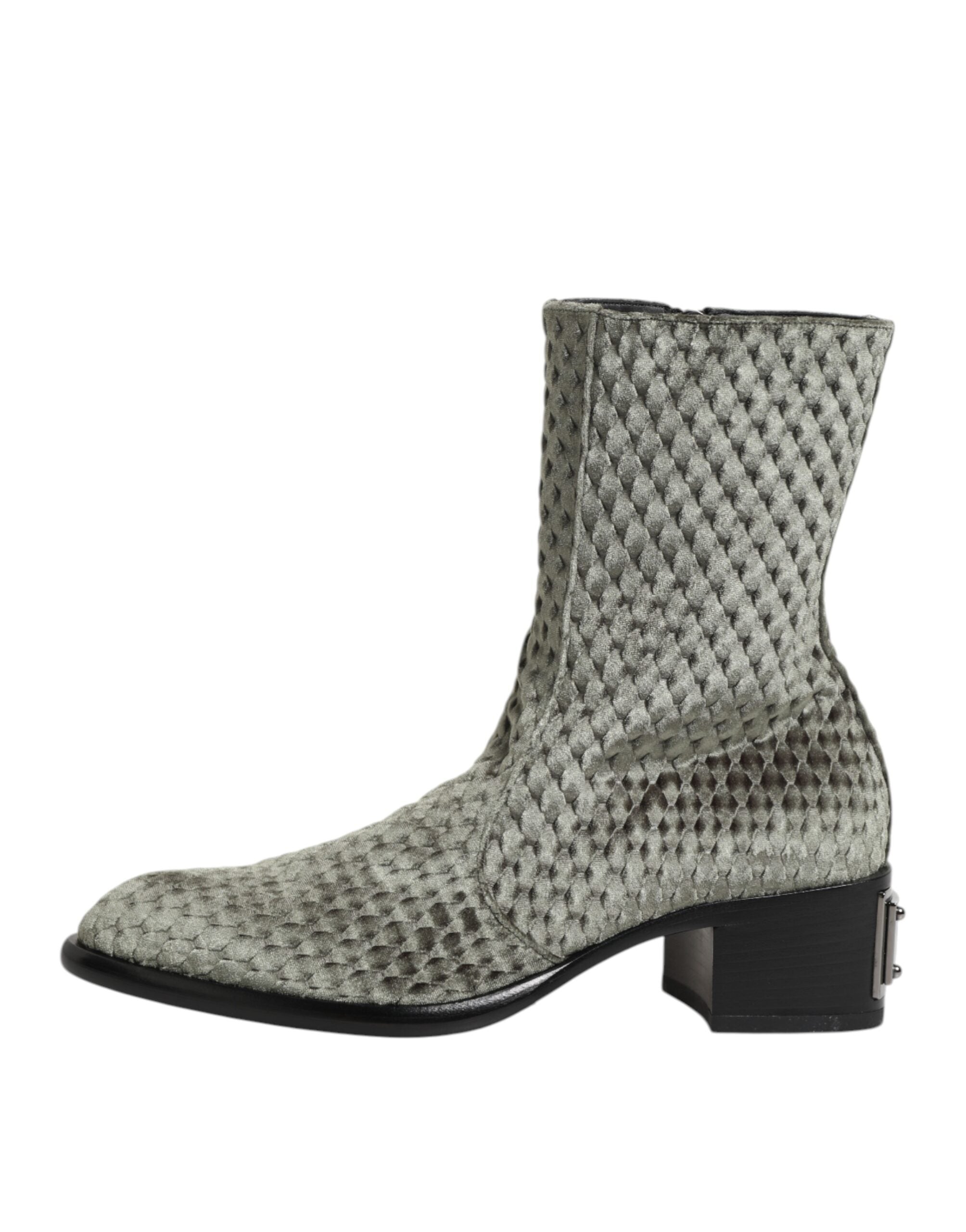 Dolce & Gabbana Grey Cotton Velvet Mid Calf Short Boots Shoes-7