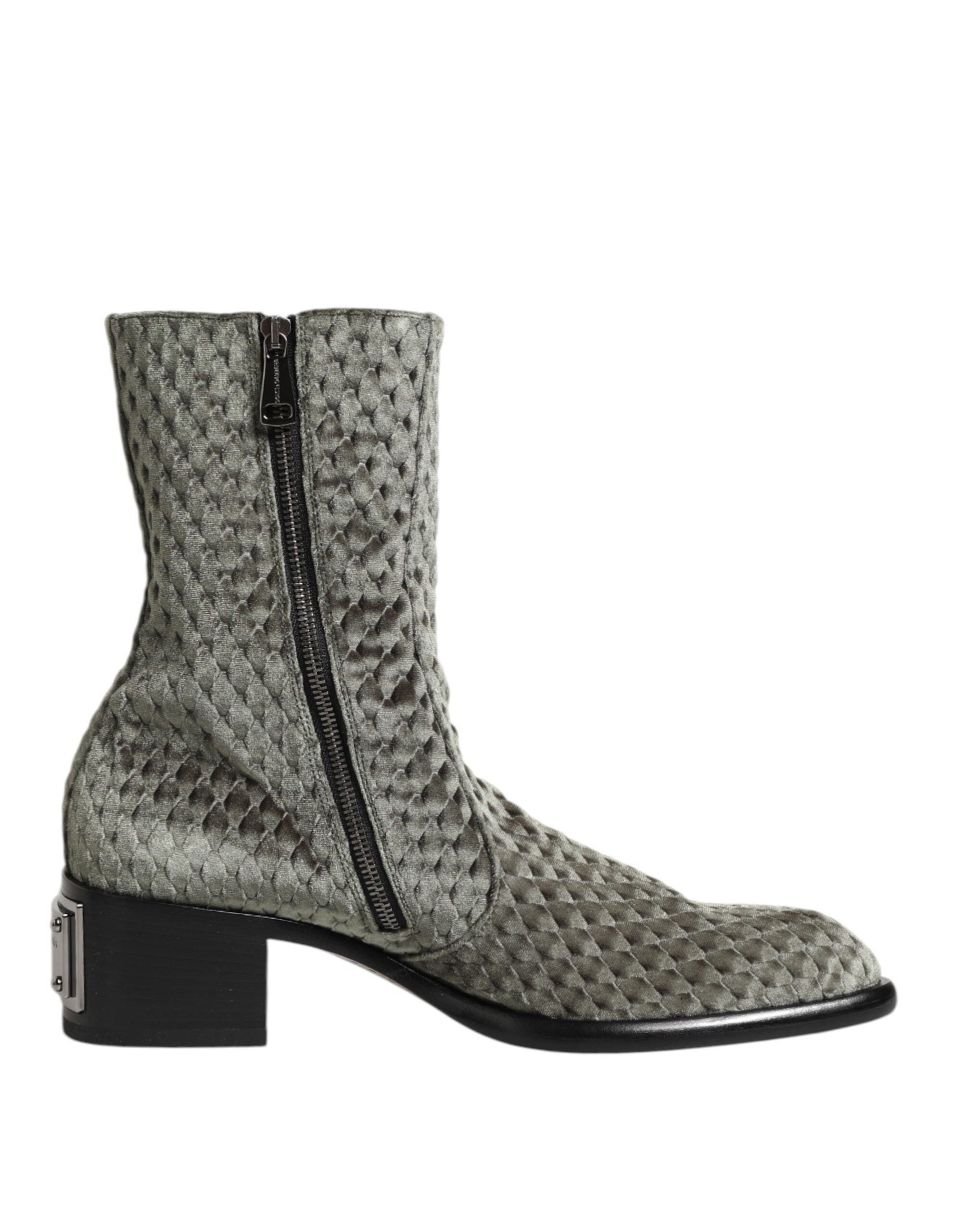 Dolce & Gabbana Grey Cotton Velvet Mid Calf Short Boots Shoes-1