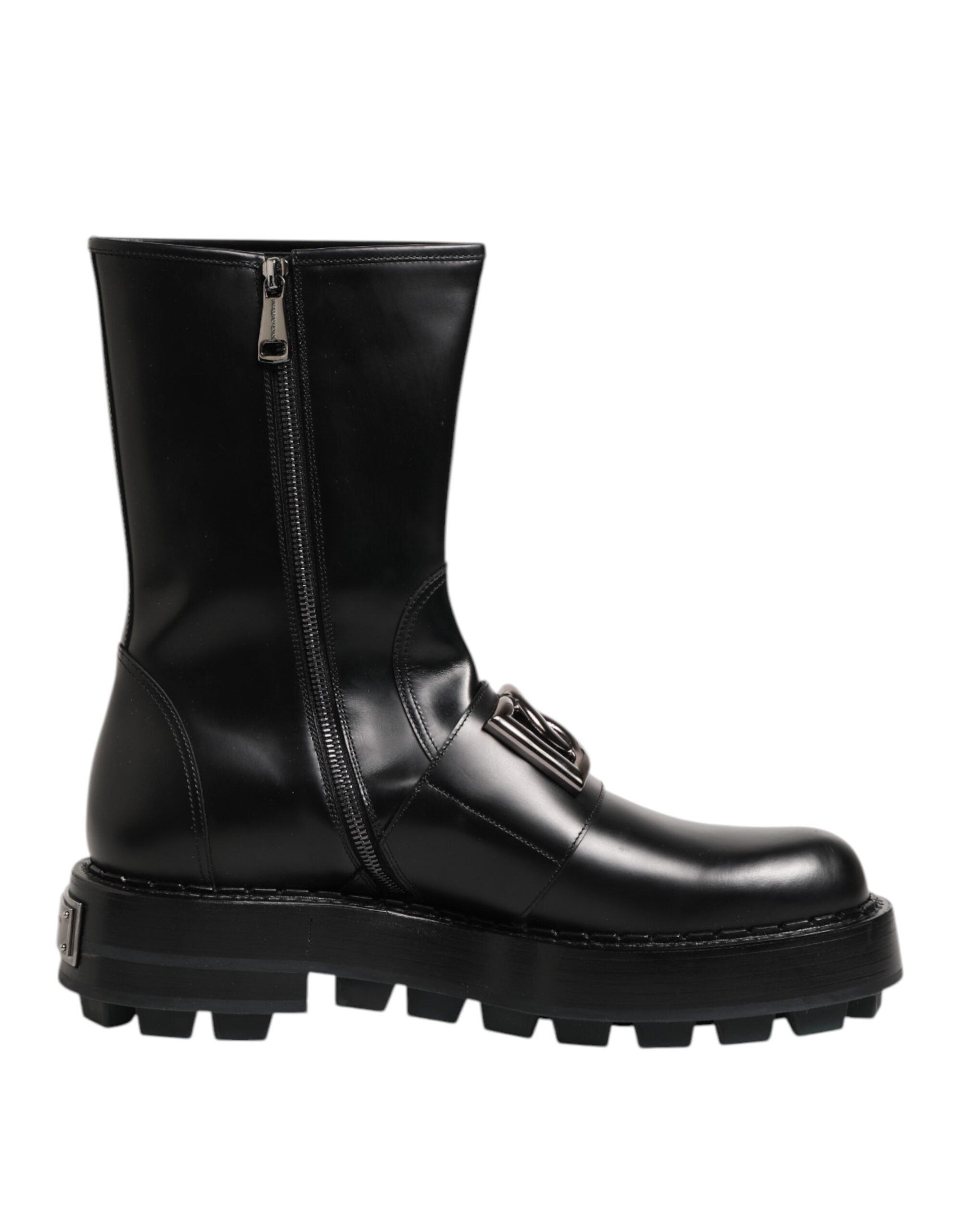 Botas moteras de media pantorrilla con placa del logotipo en negro de Dolce & Gabbana-2