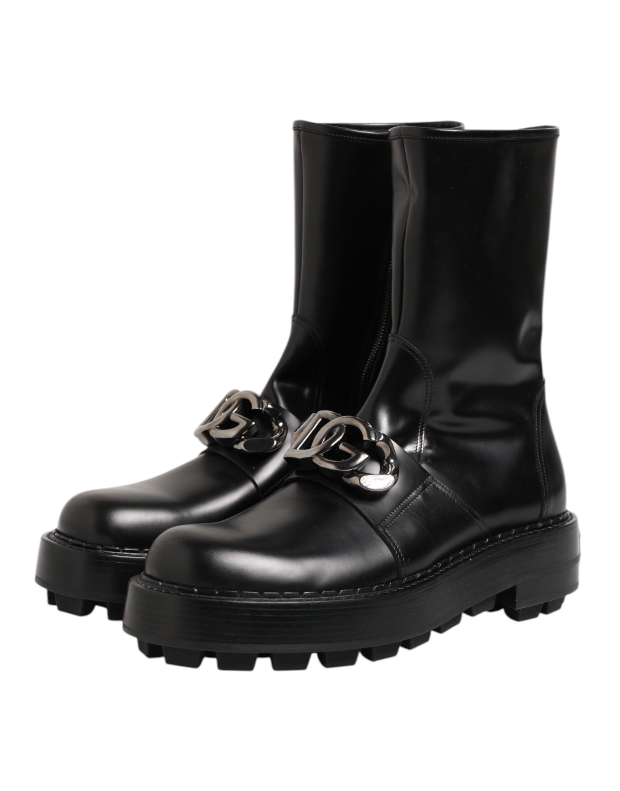 Dolce & Gabbana Schwarze Logo-Plakette Mid Calf Biker Boots Schuhe-5