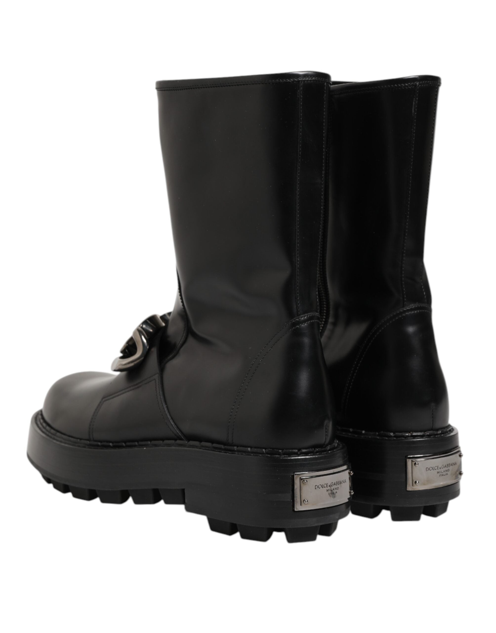 Dolce & Gabbana Schwarze Logo-Plakette Mid Calf Biker Boots Schuhe-6
