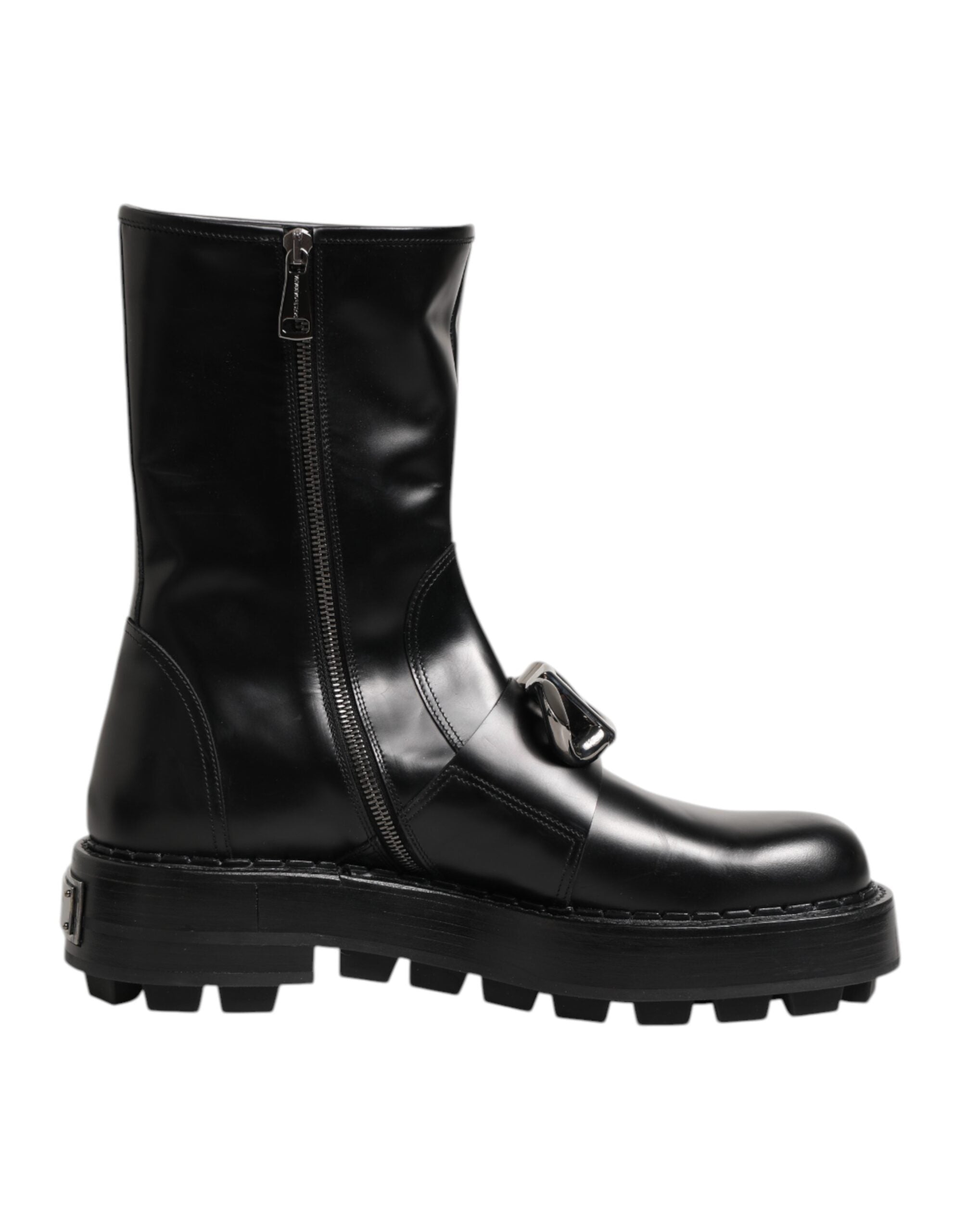 Dolce & Gabbana Schwarze Logo-Plakette Mid Calf Biker Boots Schuhe-2