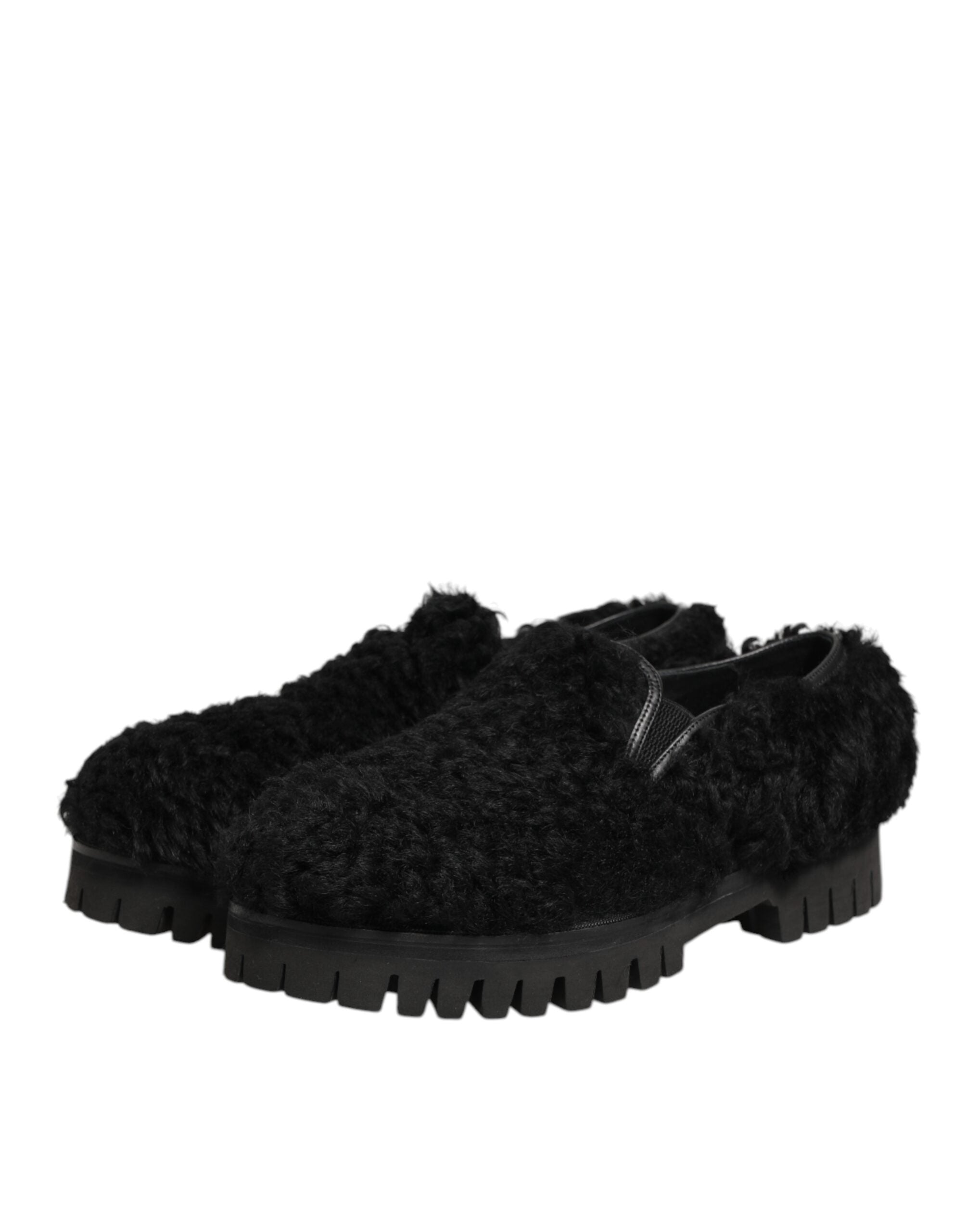Dolce & Gabbana Dress Black Fur Leather Slippers Men's Shoes-5